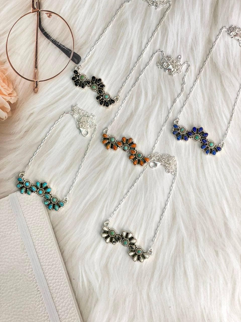 Daises of Desert Multi Stone Triple Daisy Bar Necklace