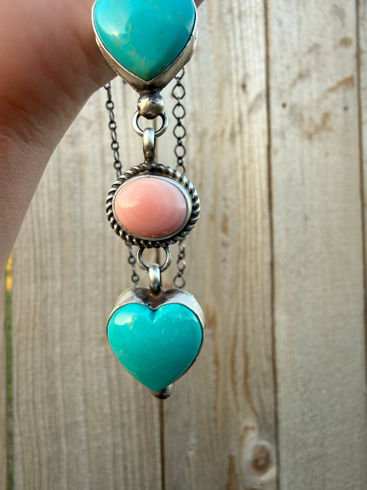 Navajo Pink Conch and Turquoise Heart Lariat Sterling Silver Handmade Necklace by Vicky Hicks