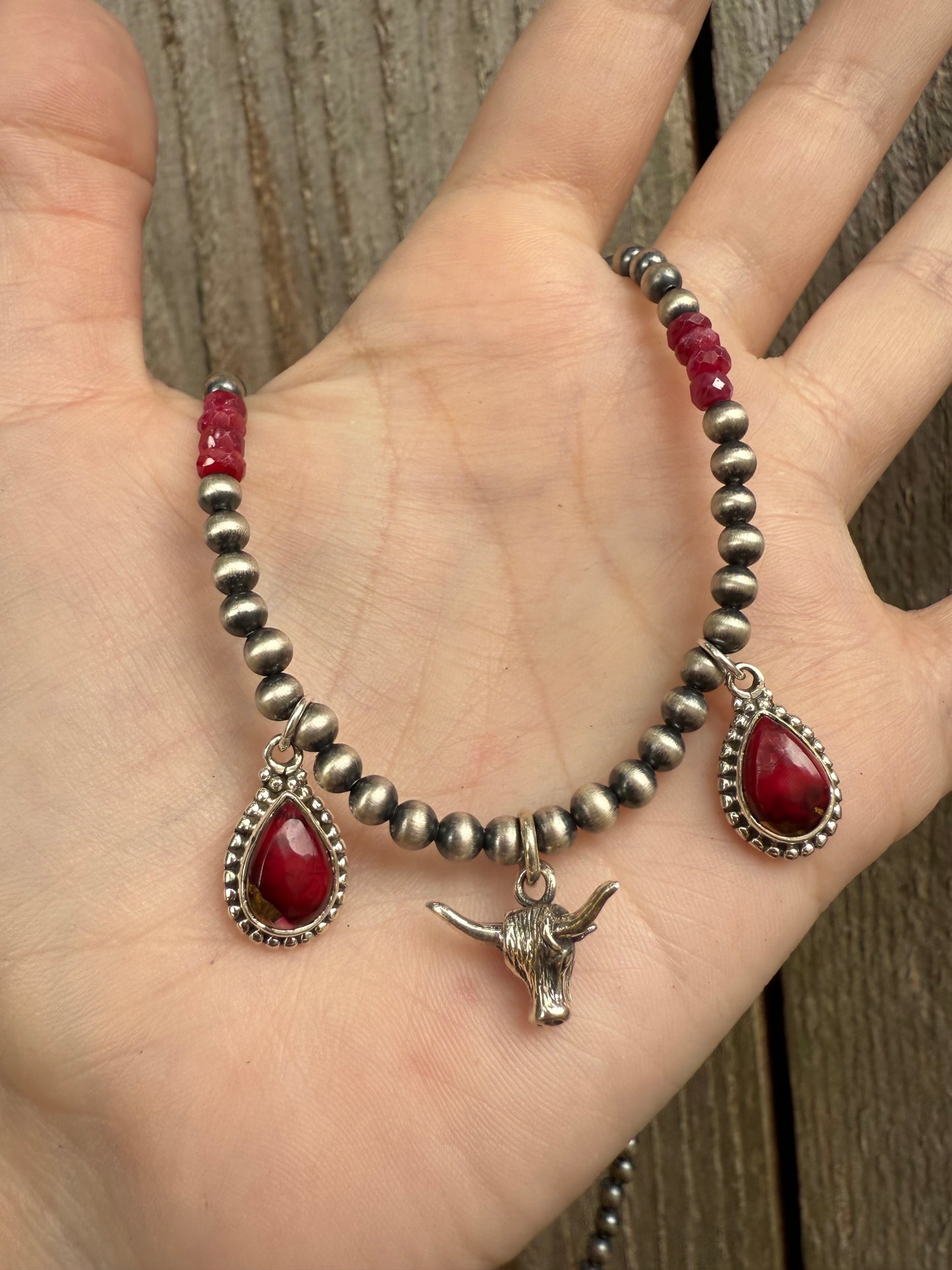 Rose Dahlia and Ruby Long Horn Desert Pearl Sterling Silver 925 Necklace