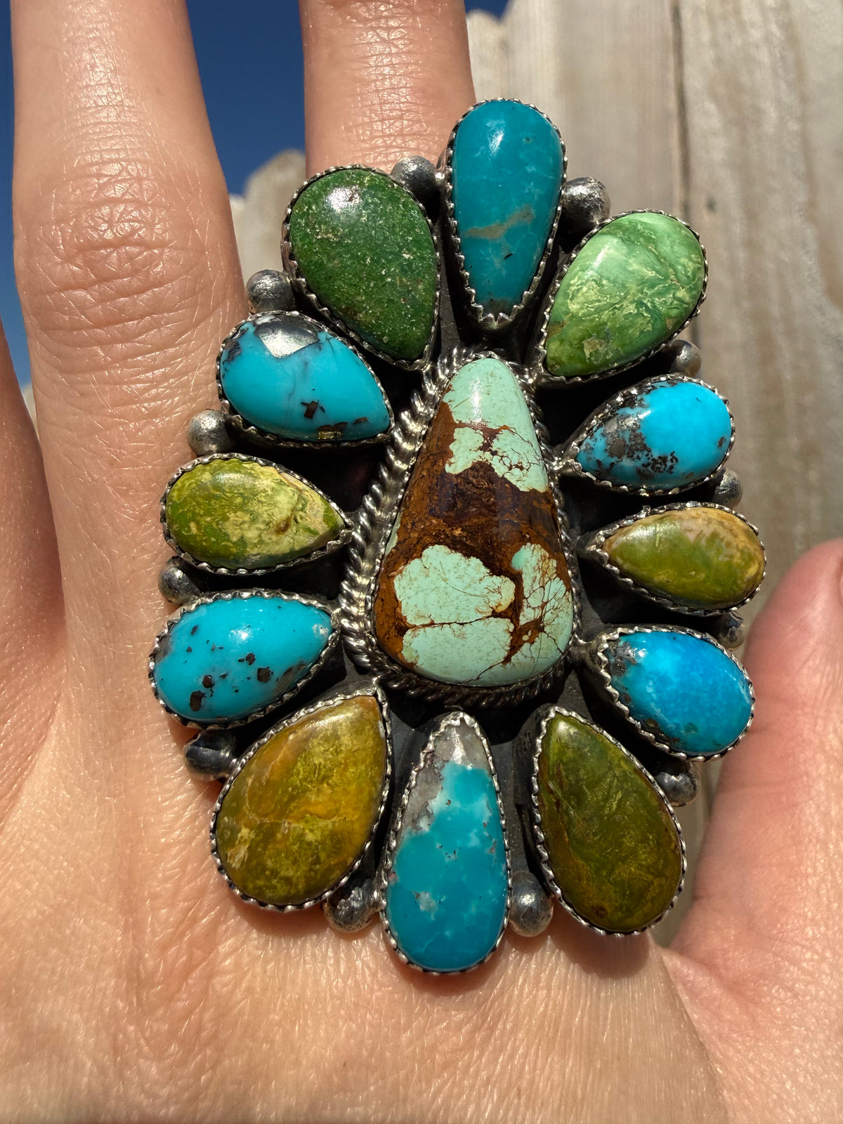 Navajo Big Multi Turquoise Full Flower Cluster Sterling Silver Adjustable Ring