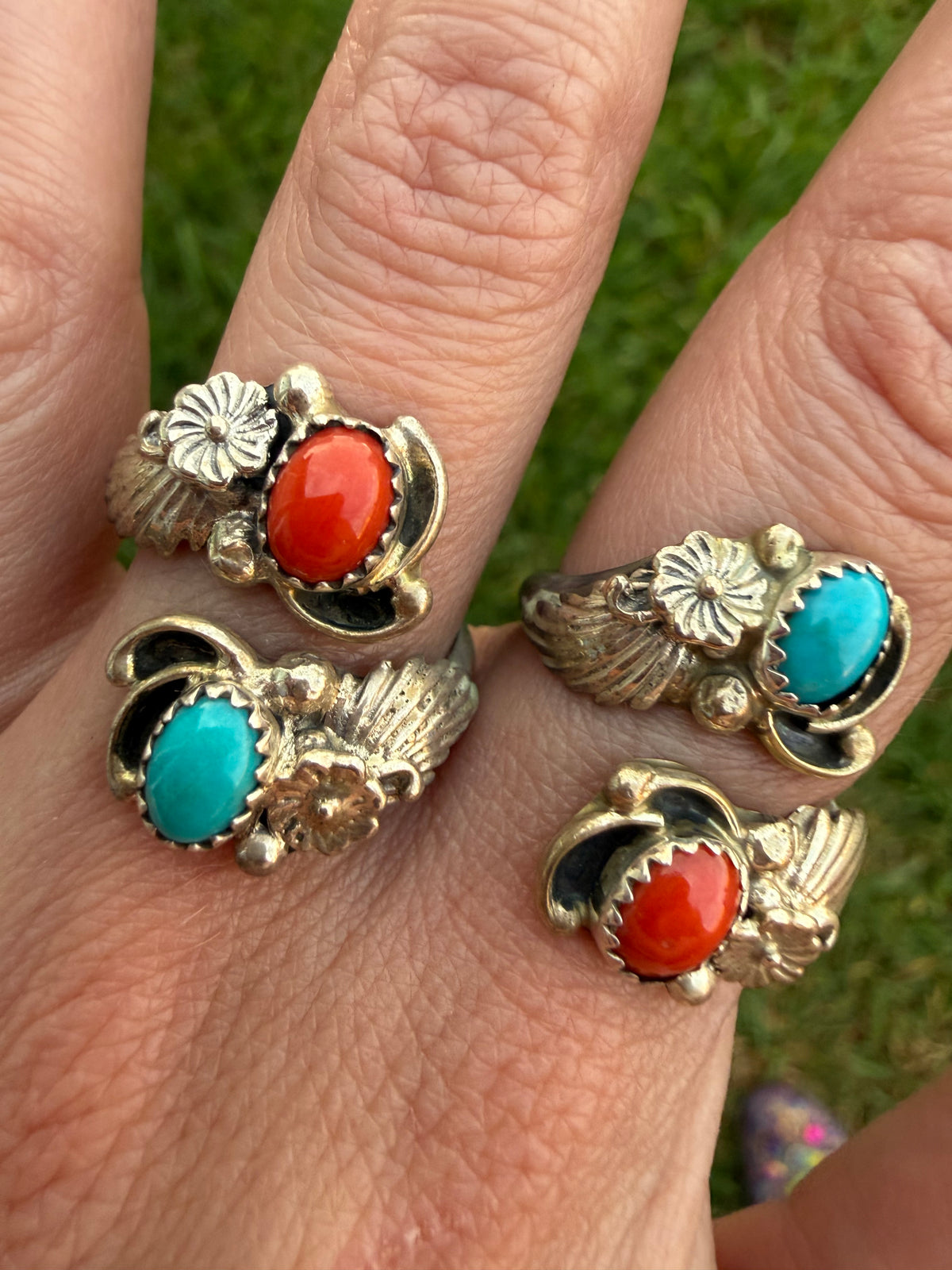 Navajo Coral and Turquoise Flower Accent Sterling Silver Floater Bypass Ring