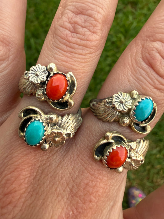 Navajo Coral and Turquoise Flower Accent Sterling Silver Floater Bypass Ring