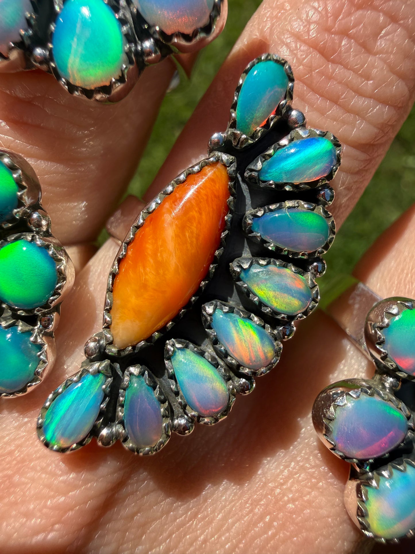 Orange Spiny And Balloon Opal Sterling Silver Rings