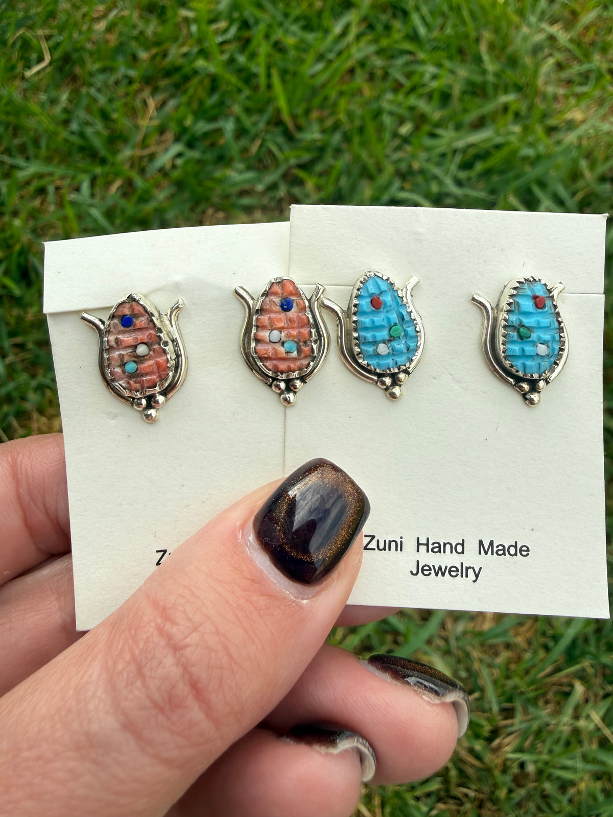 Zuni Corn Turquoise or Spiny Sterling Silver Earrings