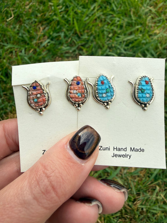 Zuni Corn Turquoise or Spiny Sterling Silver Earrings