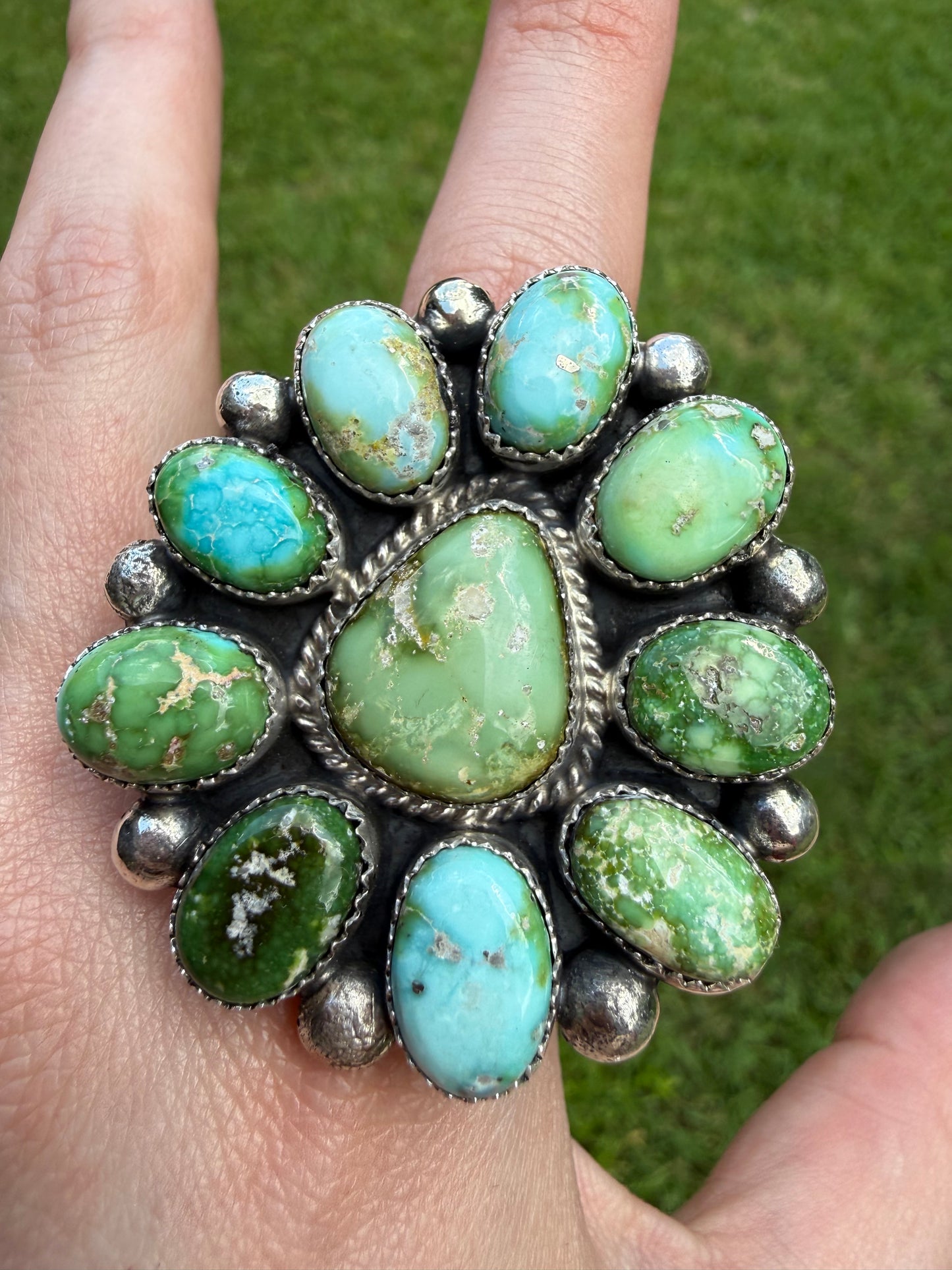 Native Sonoran Gold Turquoise Statement Full Flower Adjustable Sterling Silver Ring
