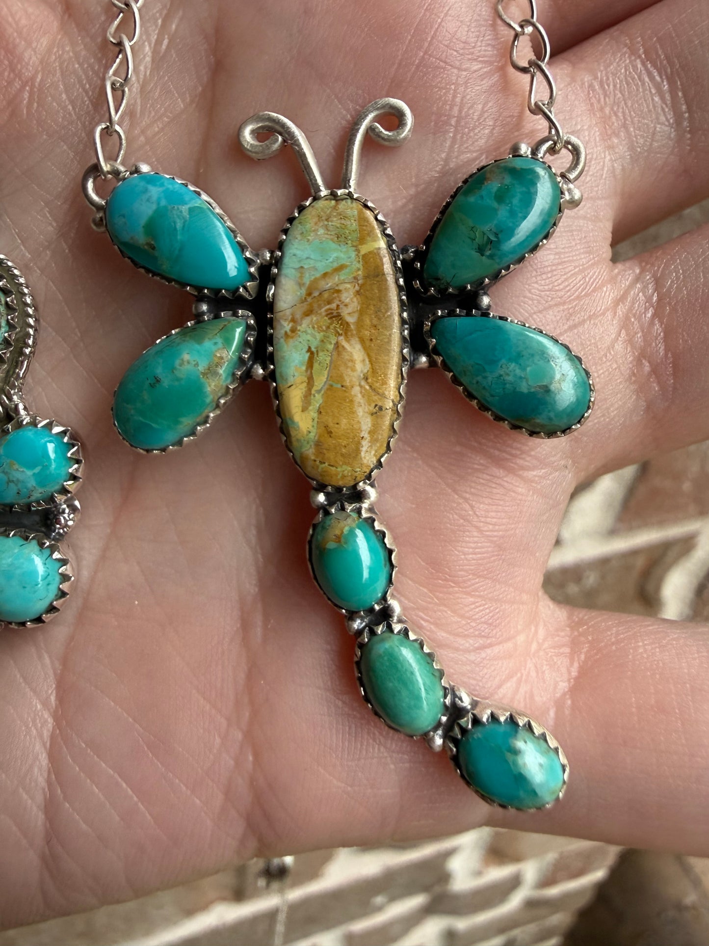 Mine 8 and Kingman Turquoise Dragonfly Necklace or Full Flower Sterling Silver Pendant