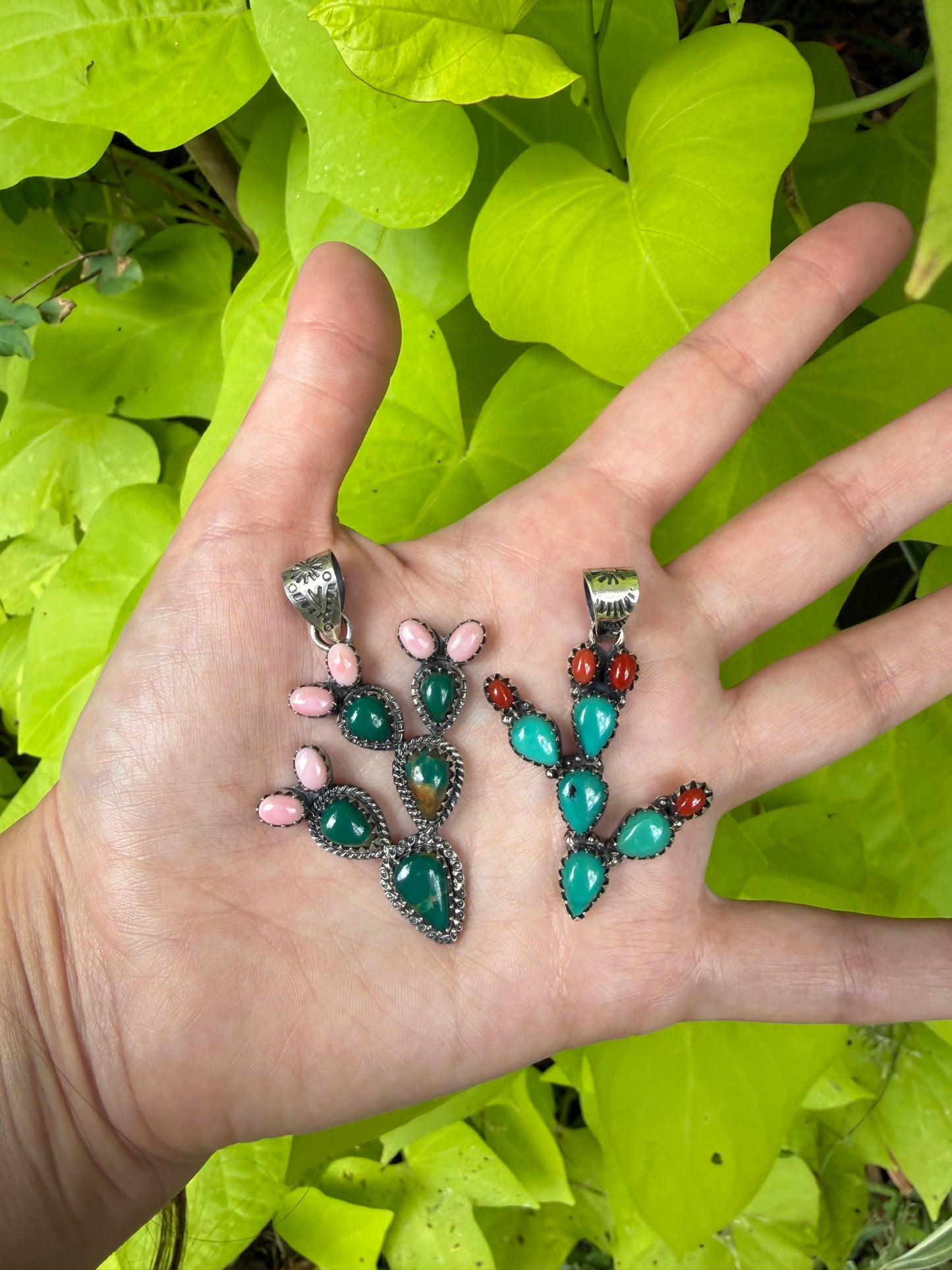 Kingman Turquoise and Pink Conch or Coral Cactus Cluster Sterling Silver Pendant