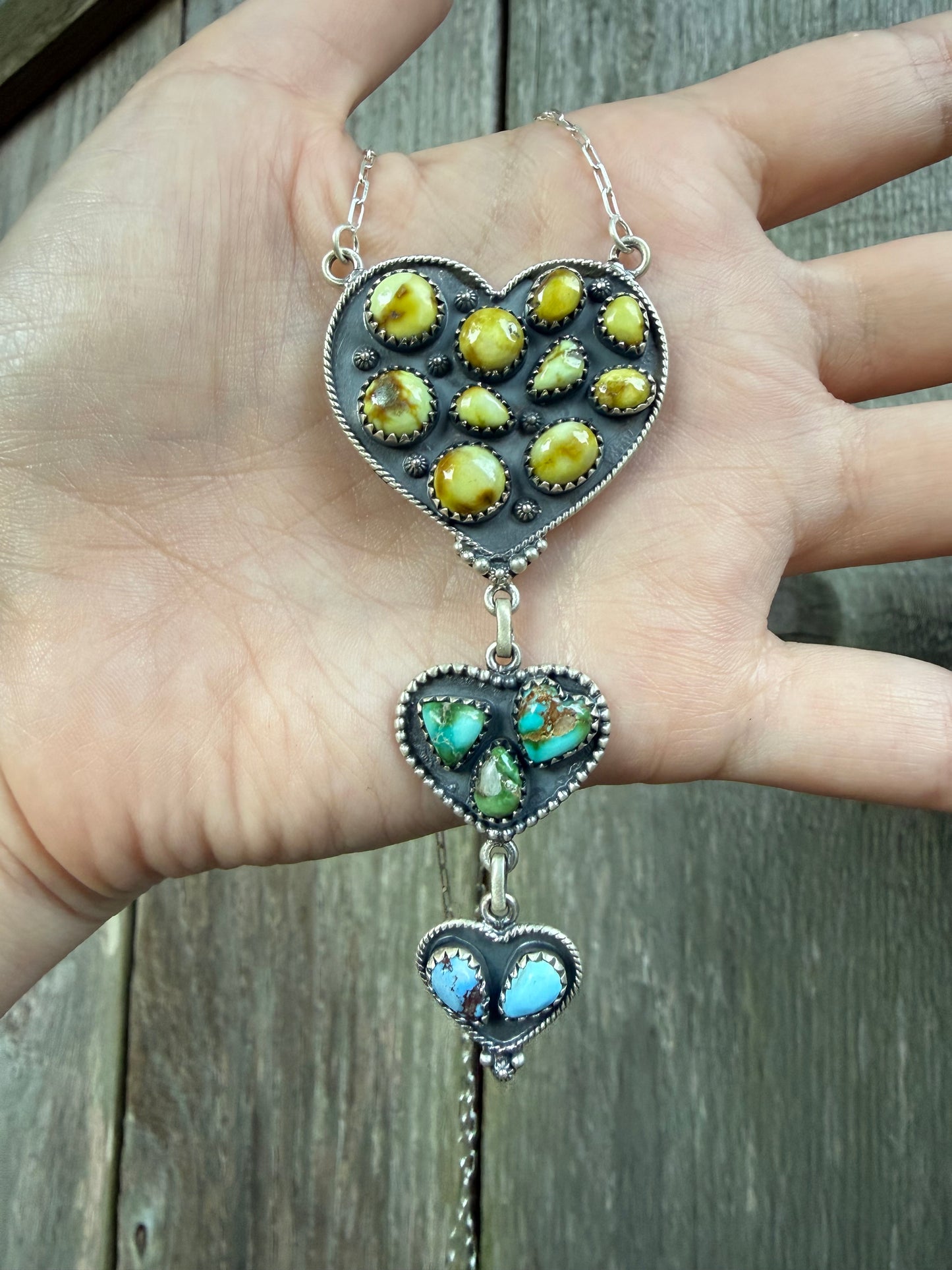 Palomino, Sonoran Gold, and Golden Hills Turquoise Triple Heart Statement Lariat Necklace