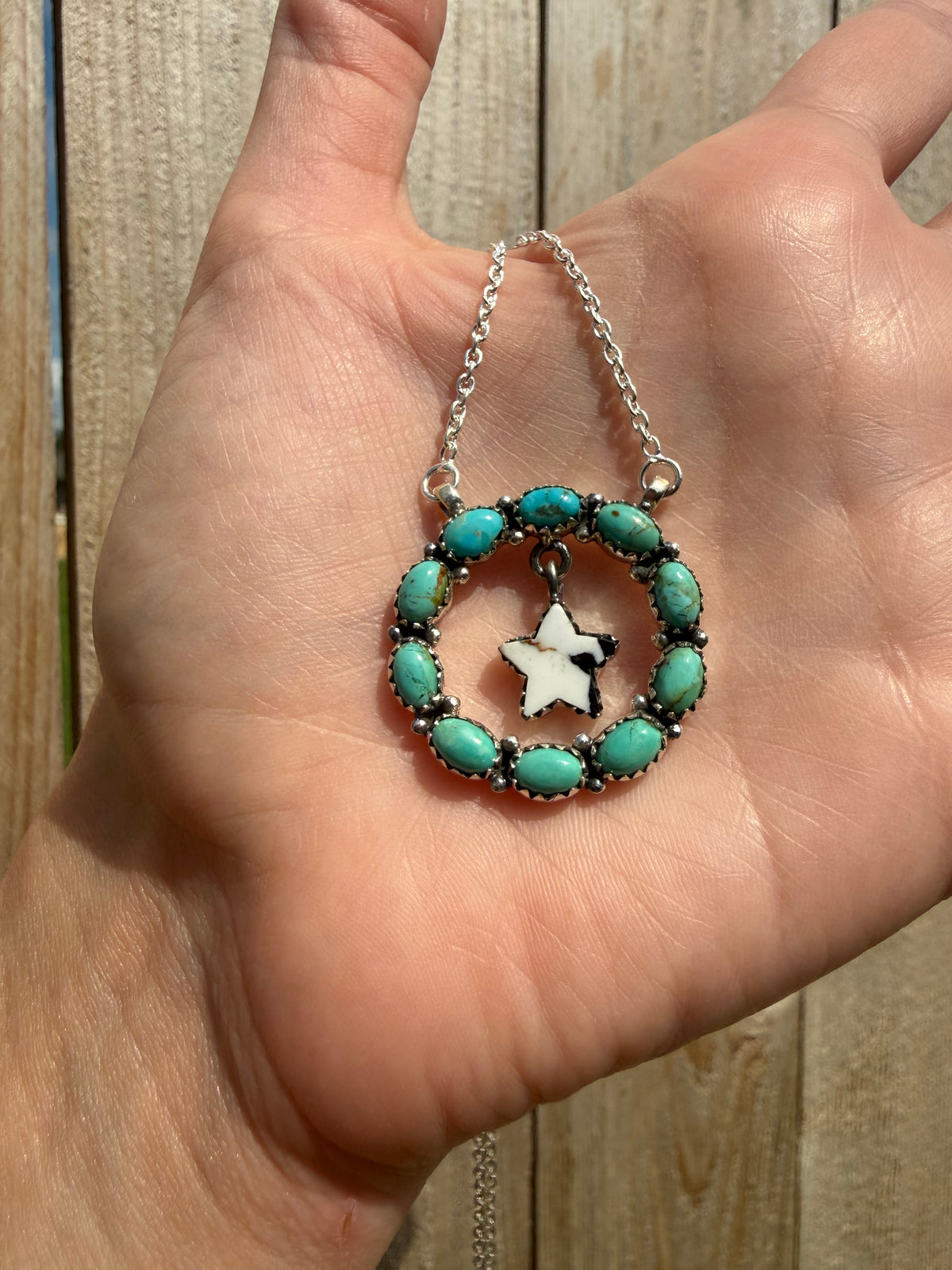 Kingman Turquoise and White Buffalo Circle with Star Drop Sterling Silver Necklace