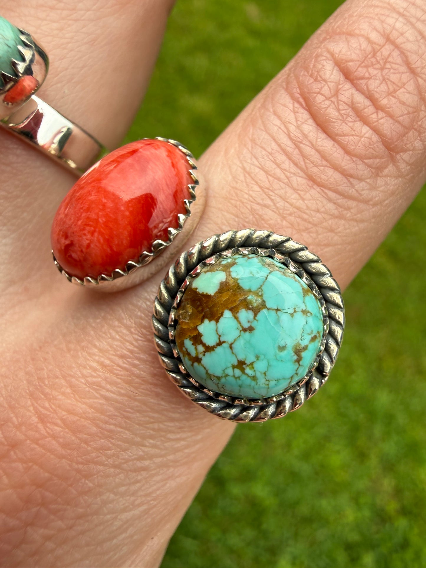 Red Spiny and Turquoise Floater Sterling Silver Rings