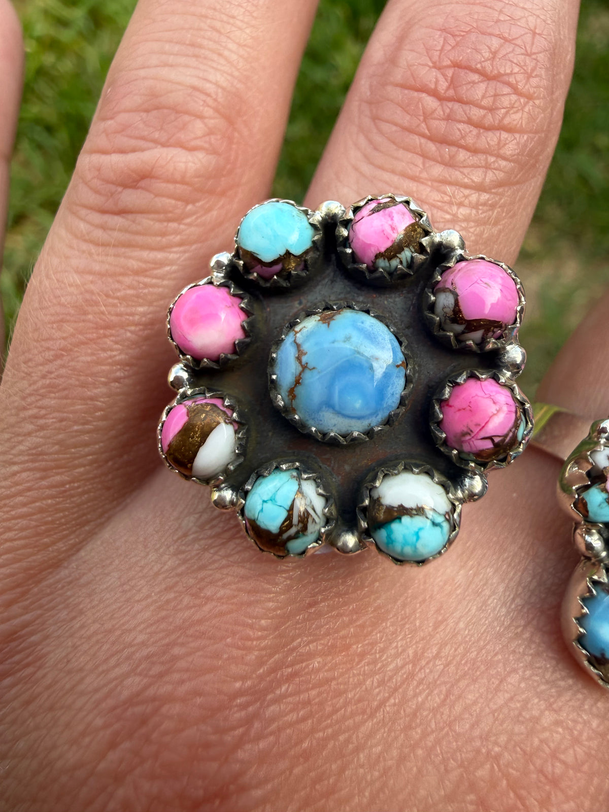 Golden Hills Turquoise and Cotton Candy Turquoise Sterling Silver Cluster Ring