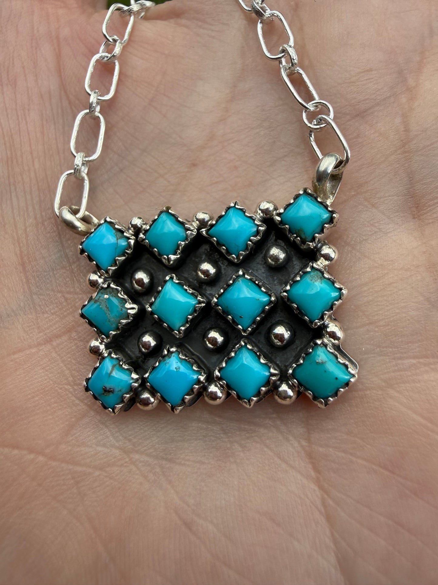 Navajo Turquoise Cluster Bar Sterling Silver Necklace by