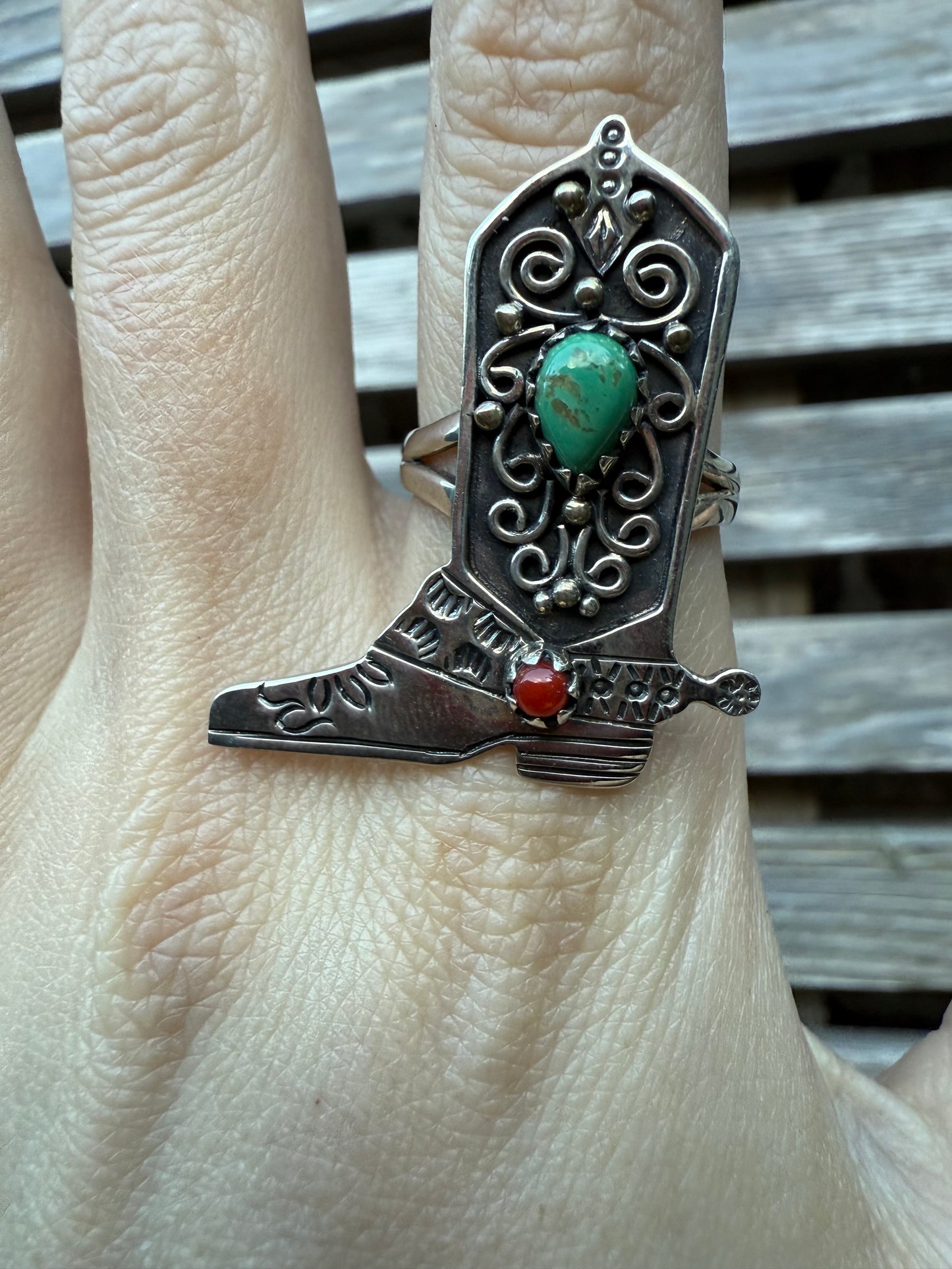 Turquoise and Coral Cowboy Boot Sterling Silver Ring - Size 9