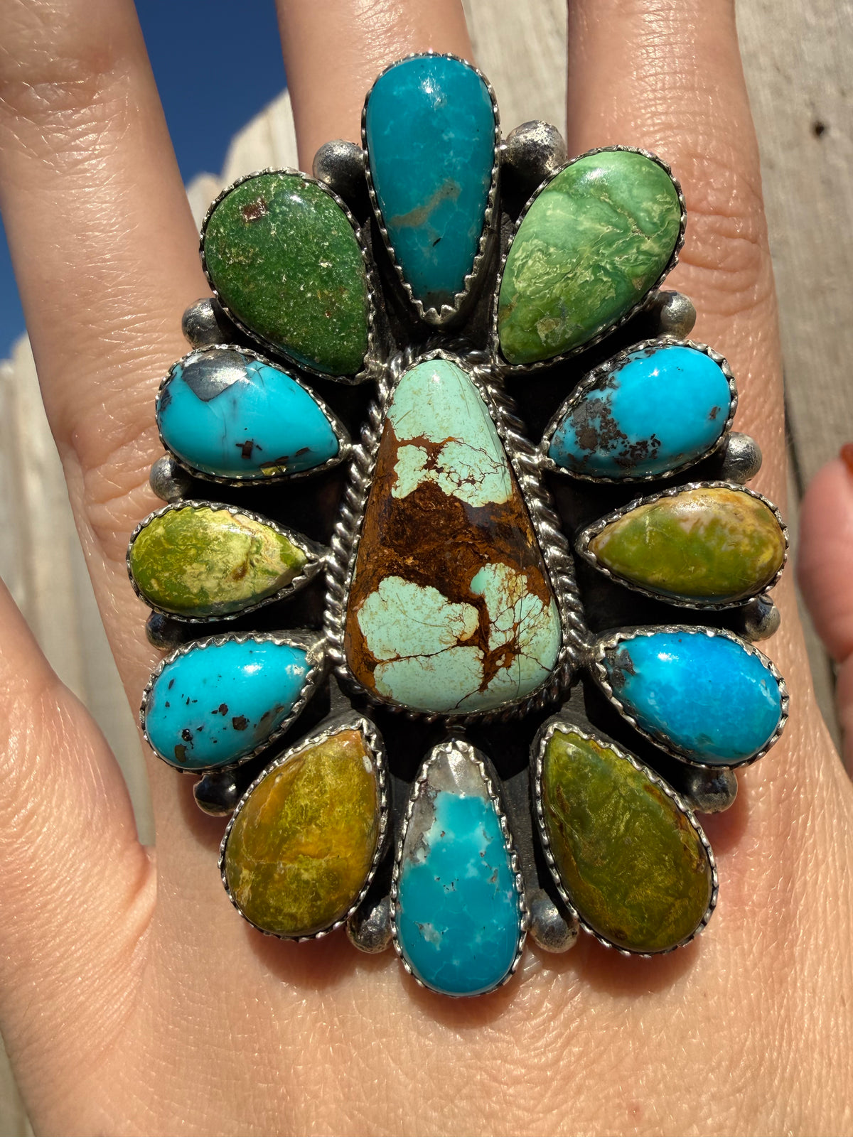 Navajo Big Multi Turquoise Full Flower Cluster Sterling Silver Adjustable Ring