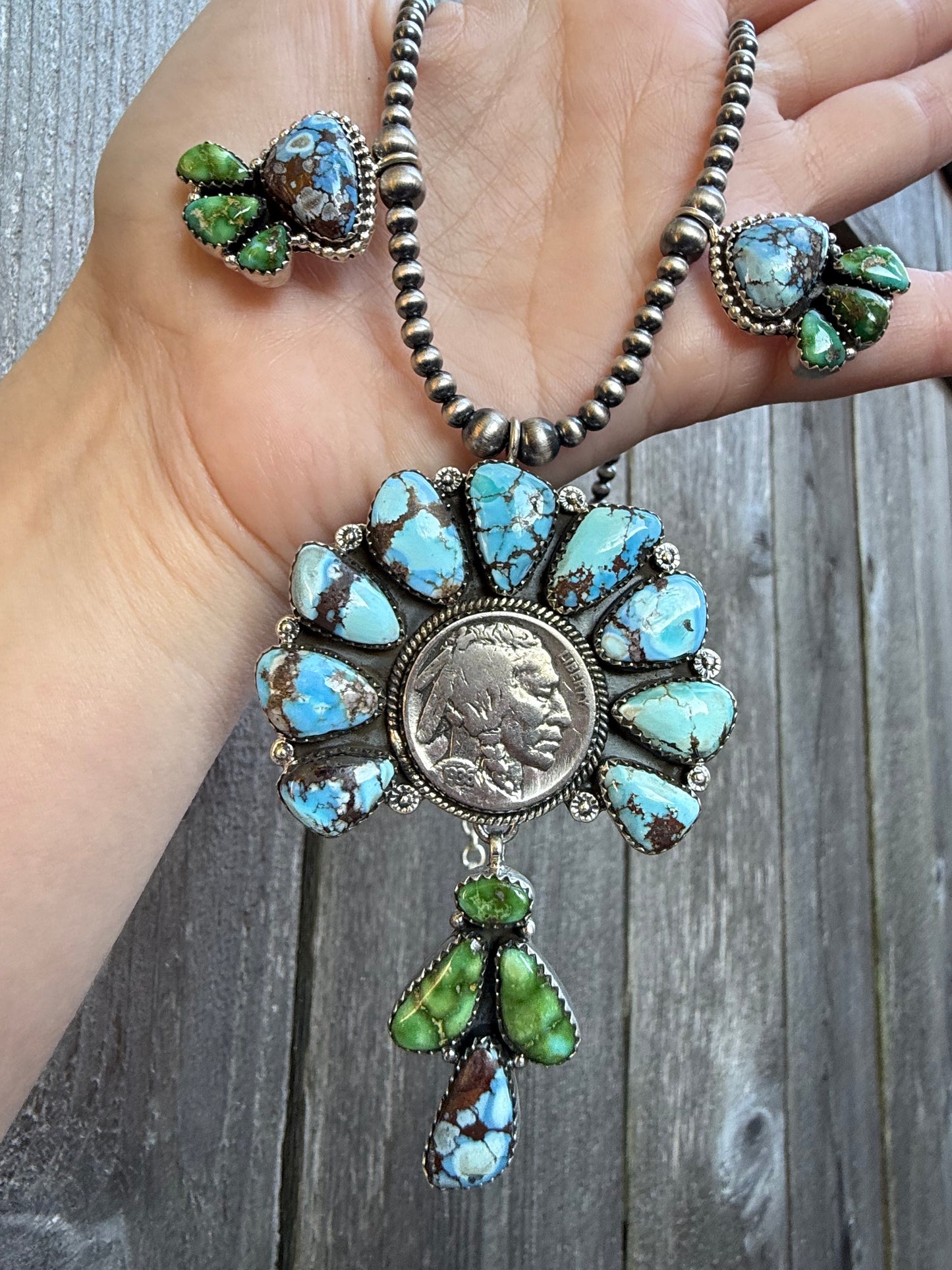 Liberty Coin Golden Hills and Sonoran Gold Turquoise Statement Sterling Silver Necklace