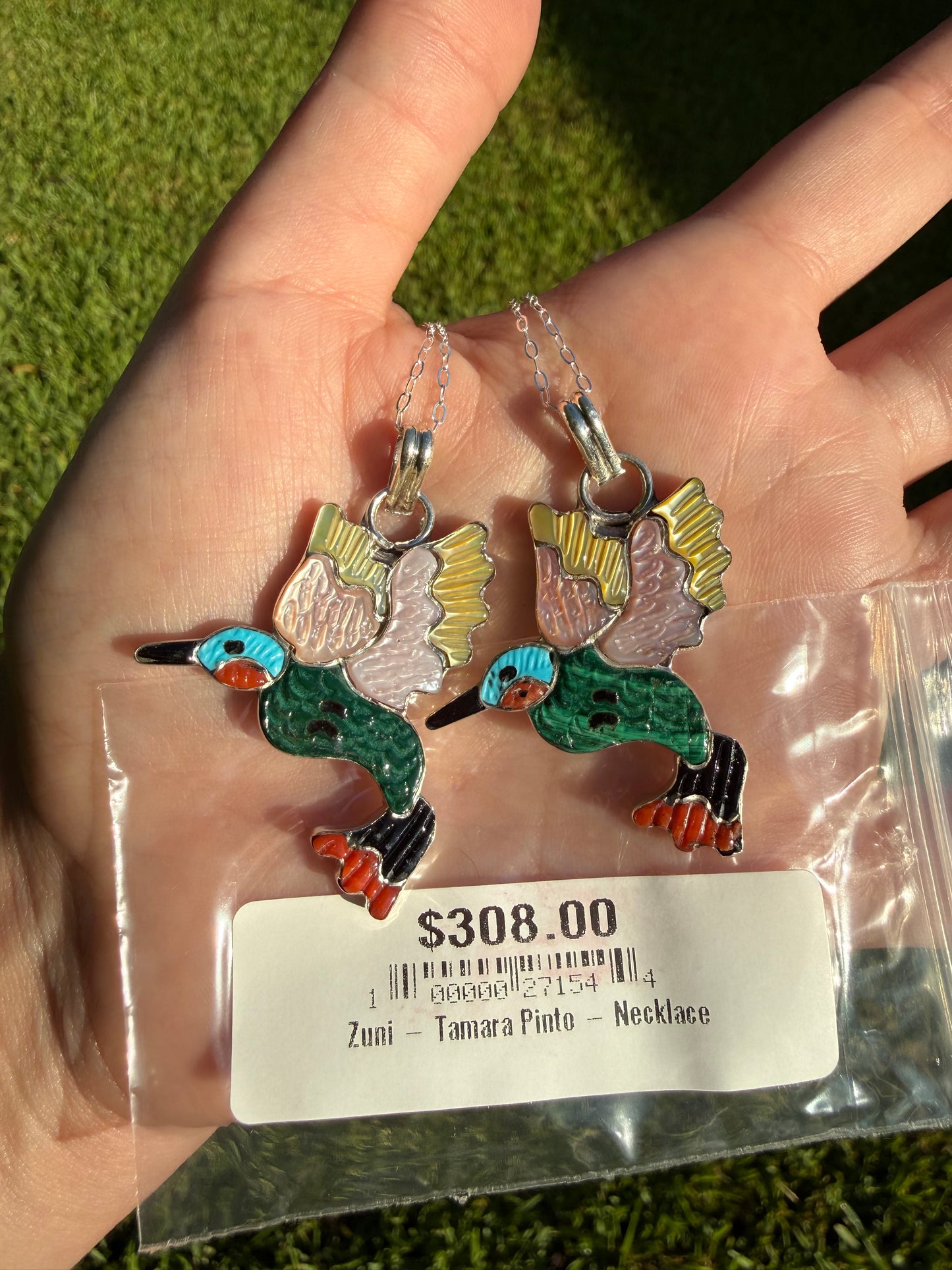 Zuni Multi Stone Hummingbird Inlay Sterling Silver Necklace