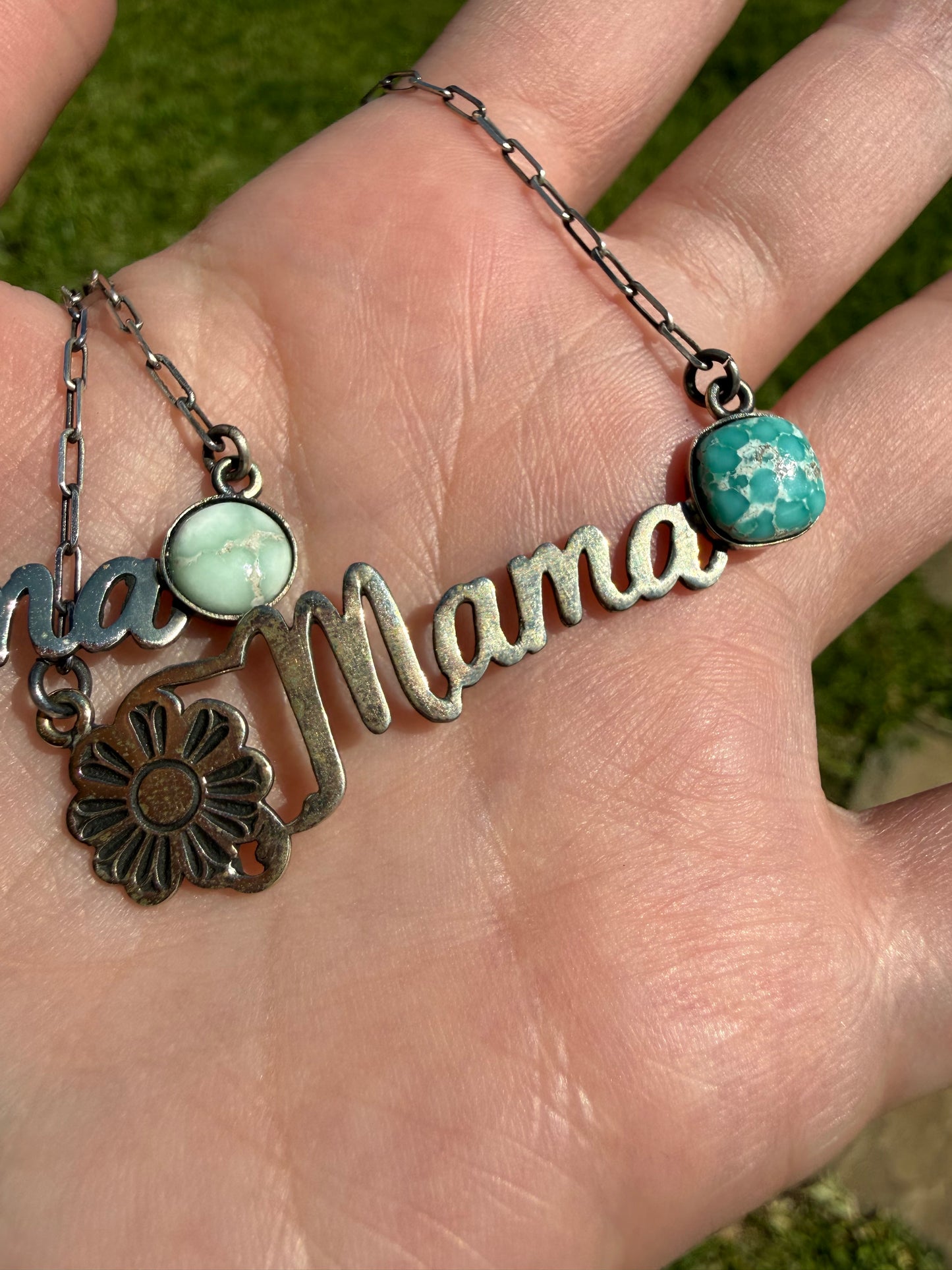Mama Turquoise Bar With Flower Accent Sterling Silver Necklace