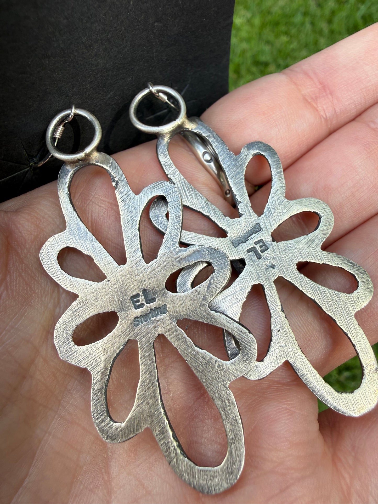 Navajo Turquoise Sterling Silver Big Flower Dangle Earrings