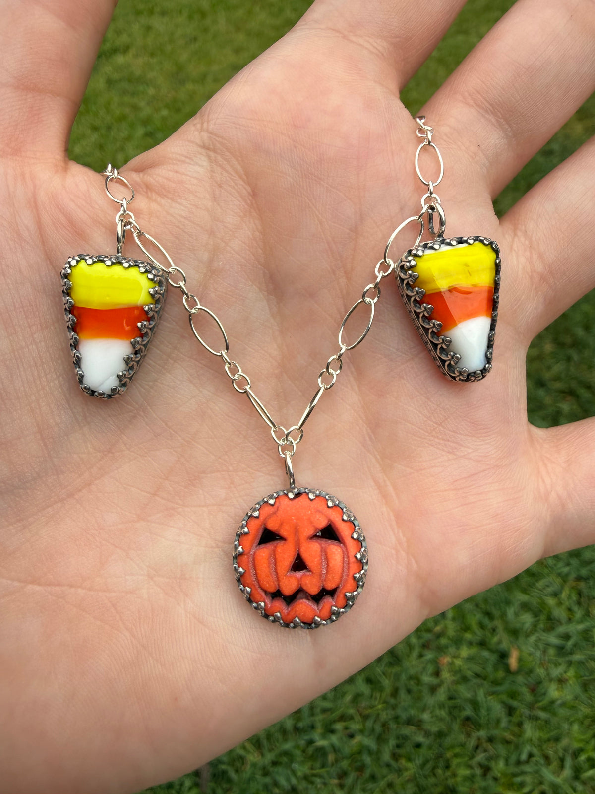 Halloween Pumpkin and Candy Corn Sterling Silver Charm Necklace