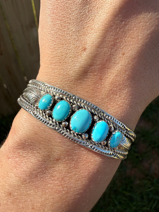 Navajo 5 Stone Thick Silver Detail Accented Sterling Silver Cuff Bracelet