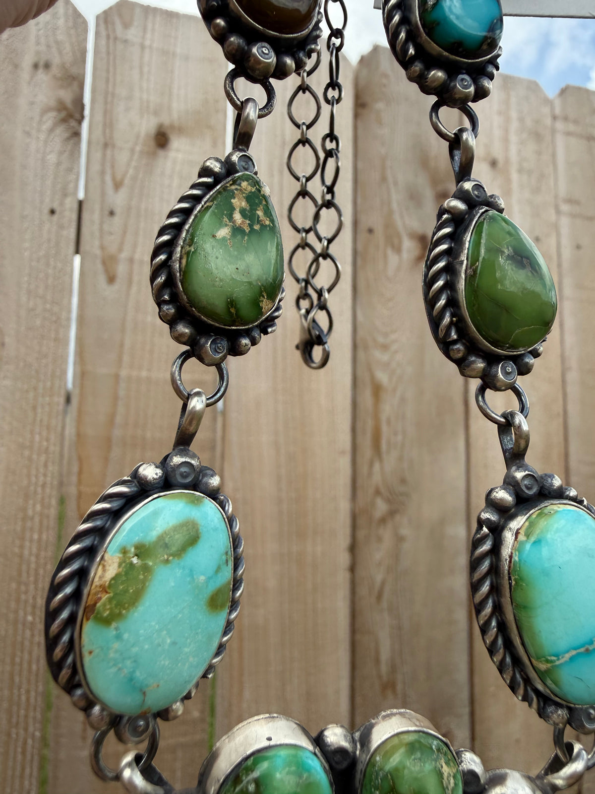 Navajo Sonoran Gold Turquoise Sterling Silver Full Flower Statement Necklace and Earrings