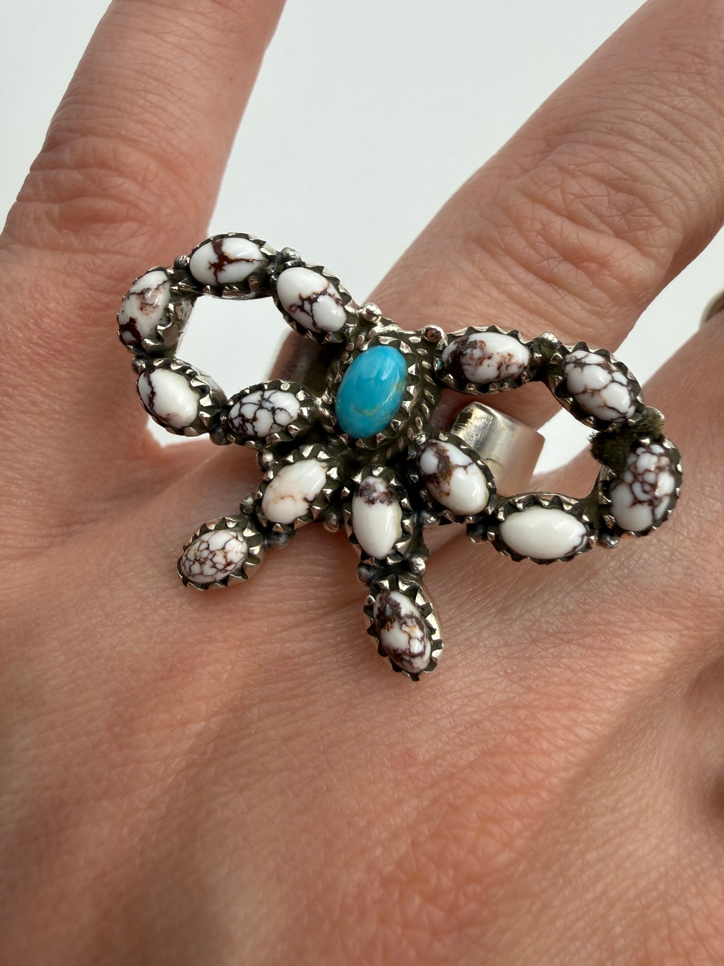 Turquoise and Multi Stone Bow Sterling Silver Adjustable Ring