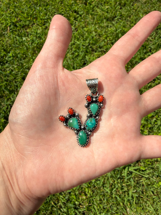 Kingman Turquoise and Coral Cactus Pendant