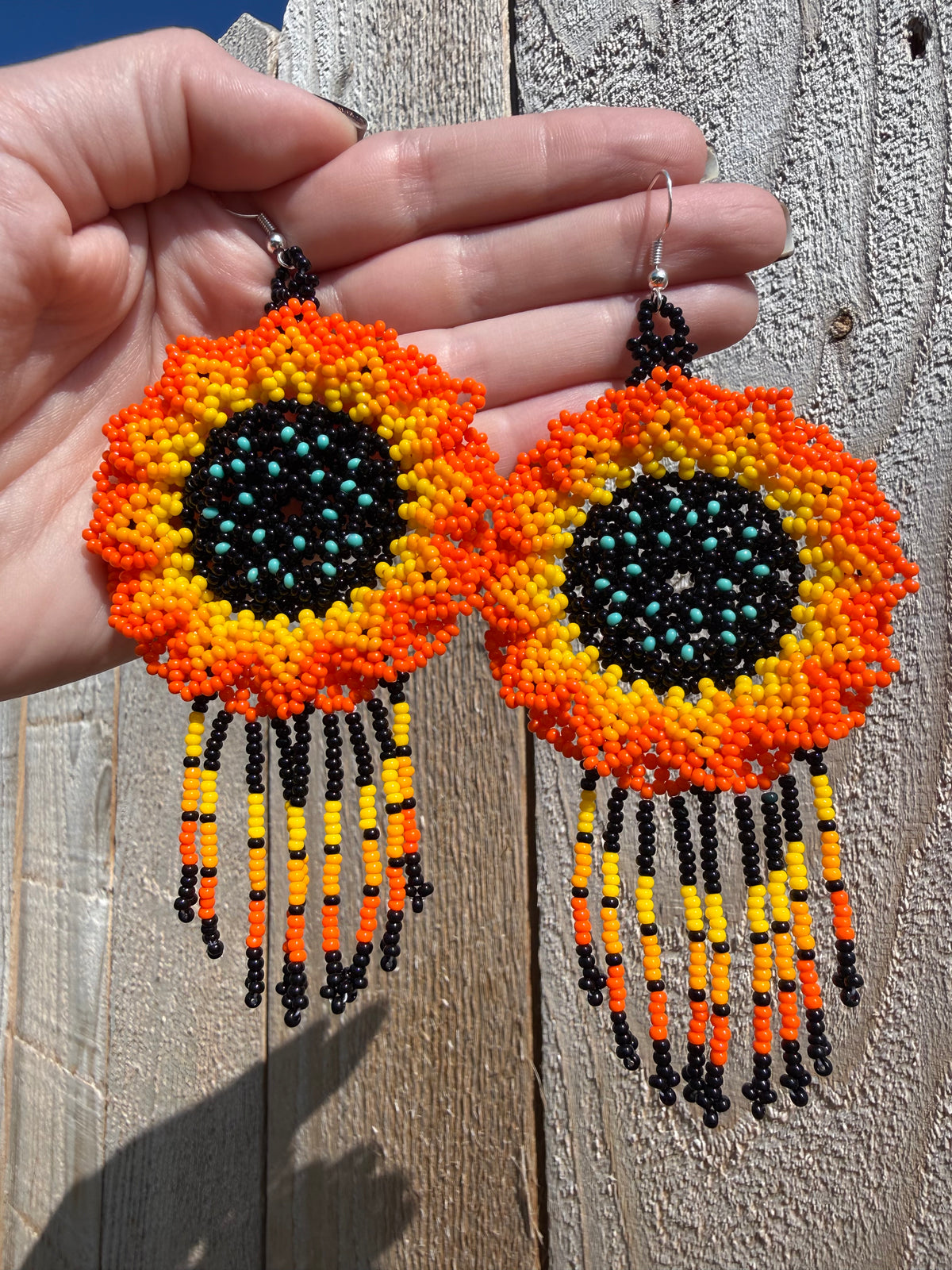 Native Beadwork Big Sunflower Sterling Silver Hook Statement Earrings