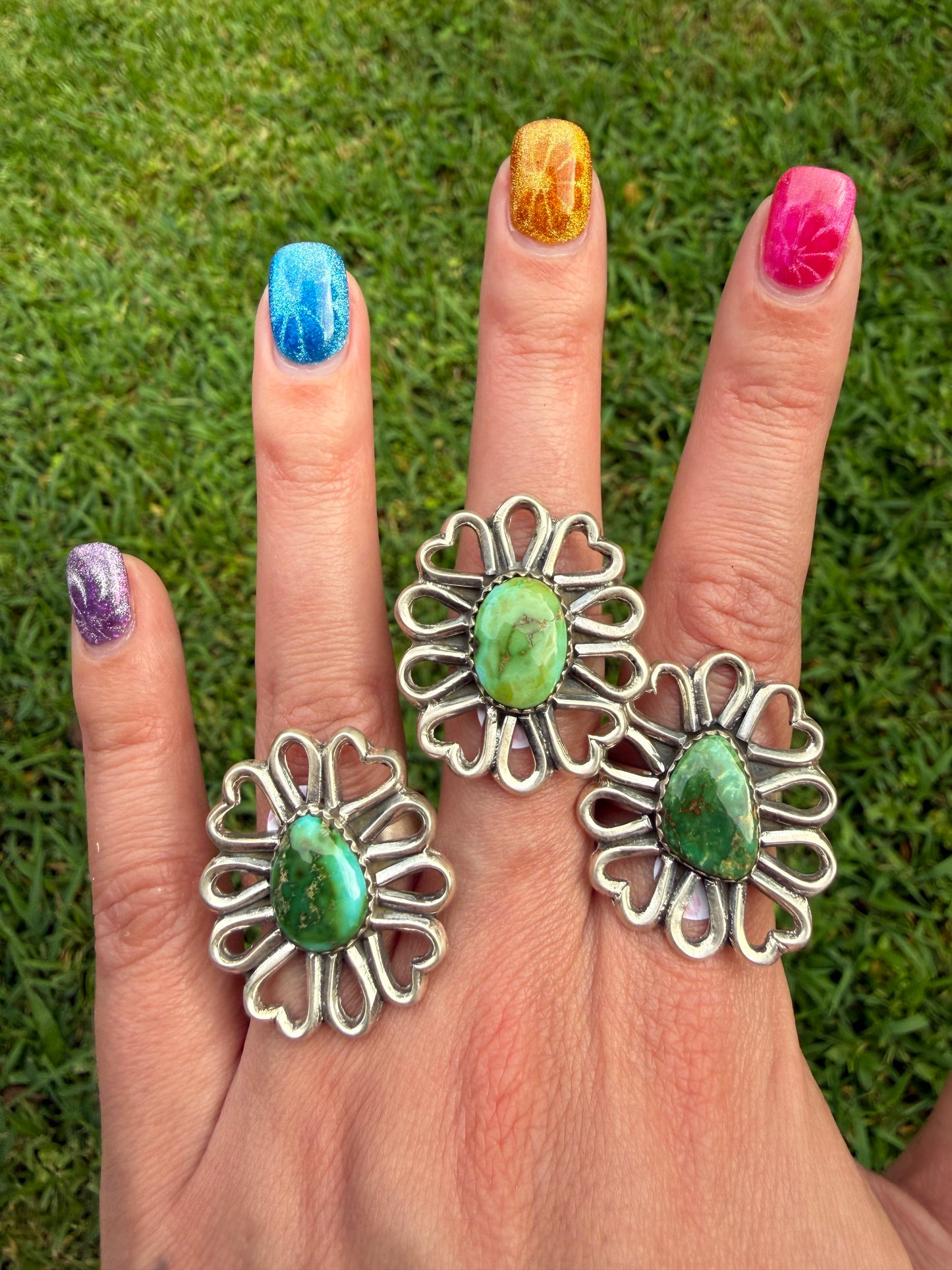 Sonoran Gold Turquoise Heart Daisy Flower Sterling Silver Adjustable Ring