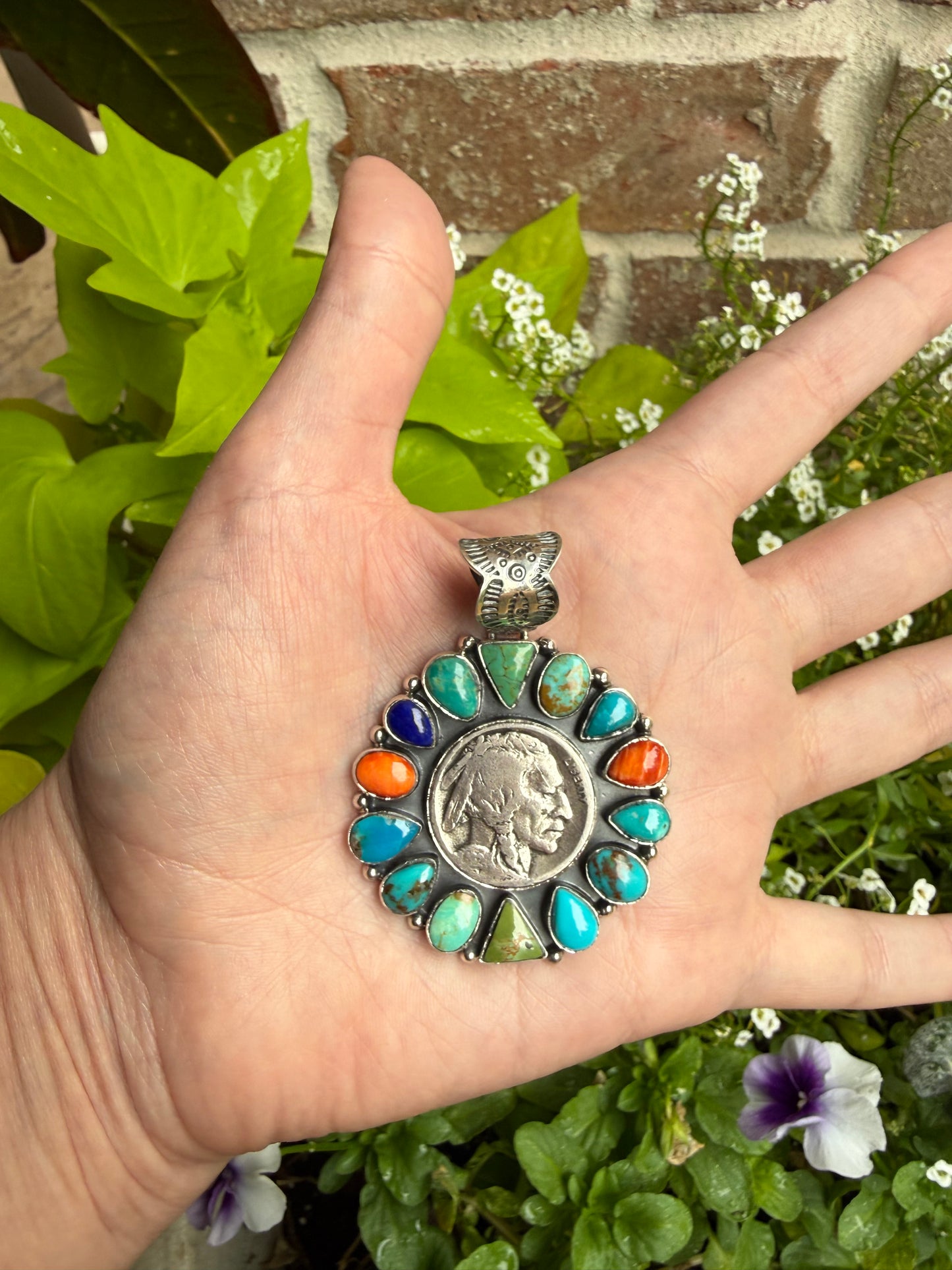 Multi Stone Full Flower Liberty Coin Sterling Silver Pendant