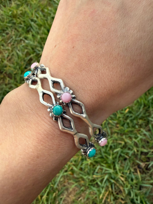 Navajo Turquoise or Pink Conch Sterling Silver Bangle Bracelet by Russel Sam