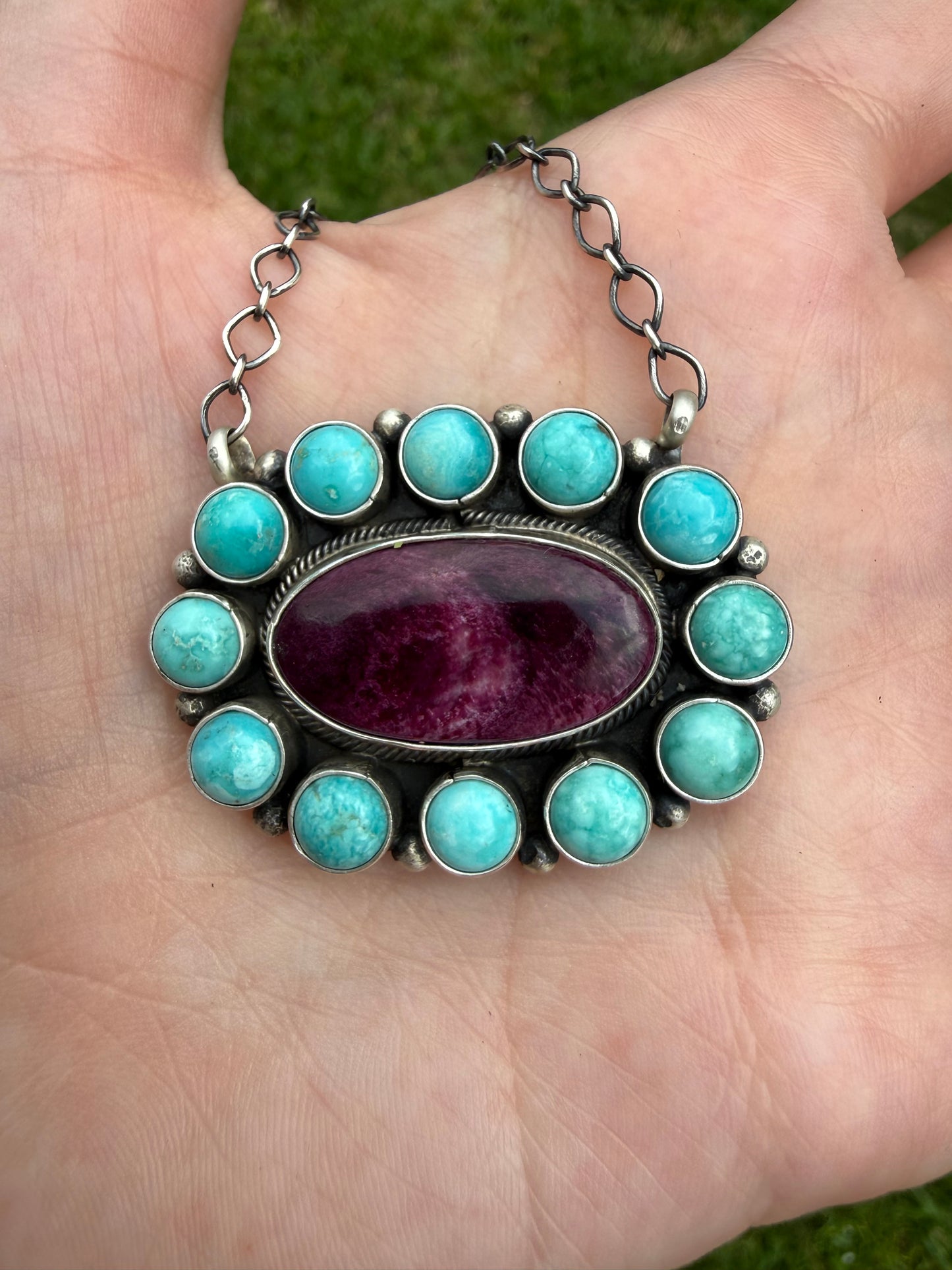 Native Turquoise and Purple Spiny Full Flower Cluster Sterling Silver Necklace