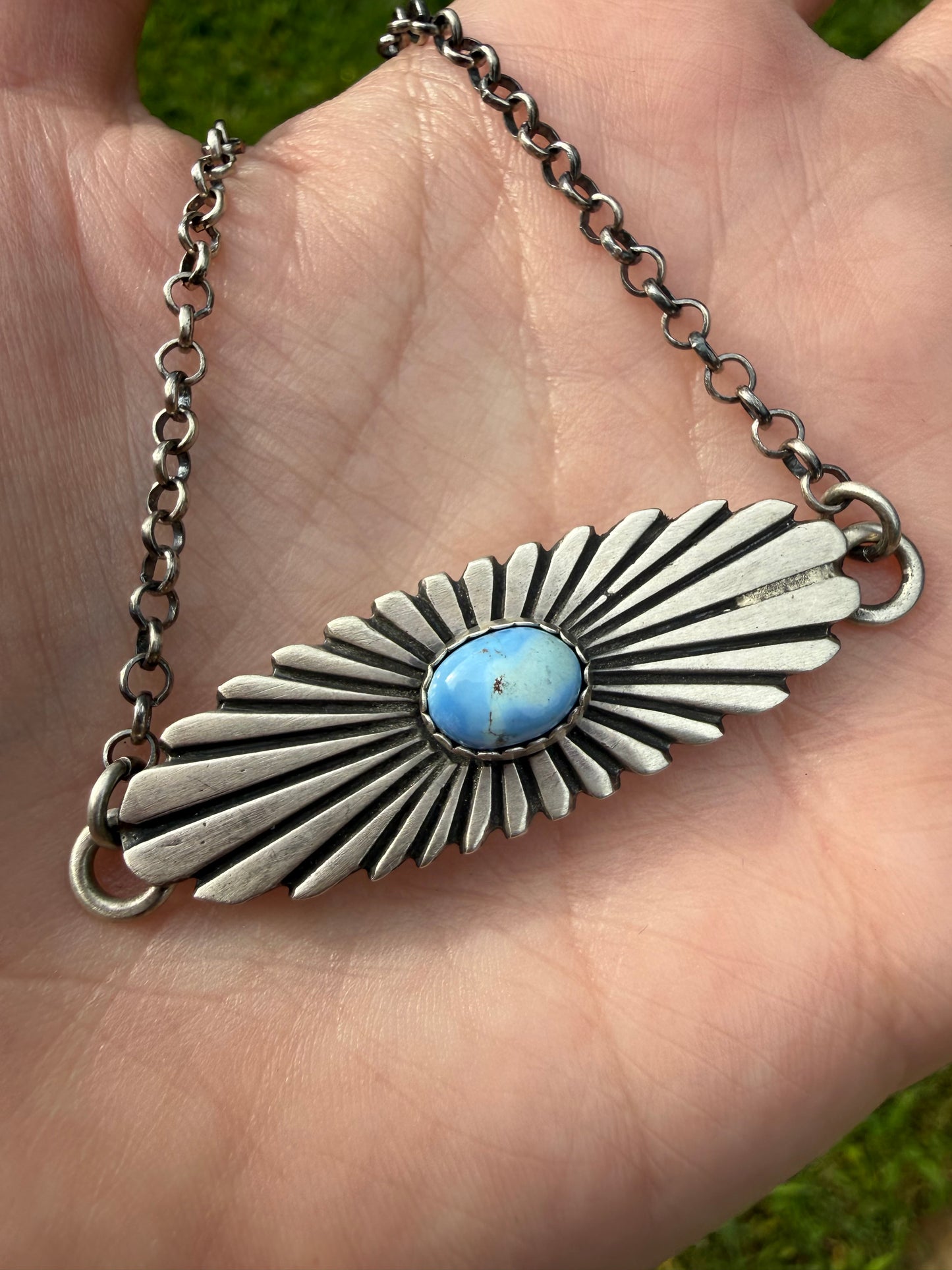 Native Golden Hills Turquoise Sun Beam Bar Style Sterling Silver Necklace by Leroy James