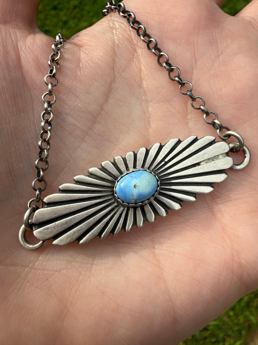 Native Golden Hills Turquoise Sun Beam Bar Style Sterling Silver Necklace by Leroy James