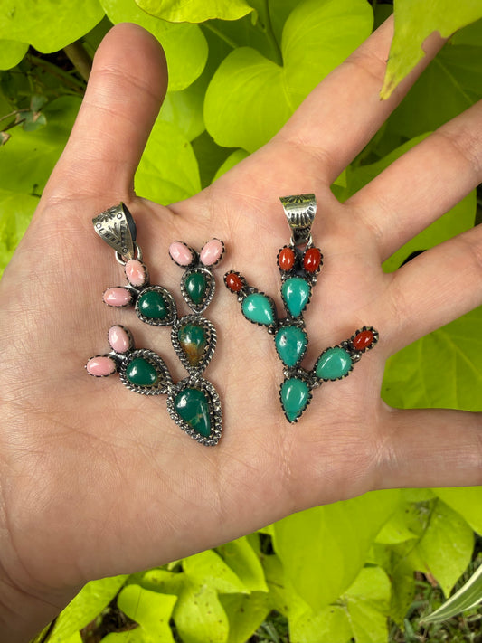 Kingman Turquoise and Pink Conch or Coral Cactus Cluster Sterling Silver Pendant