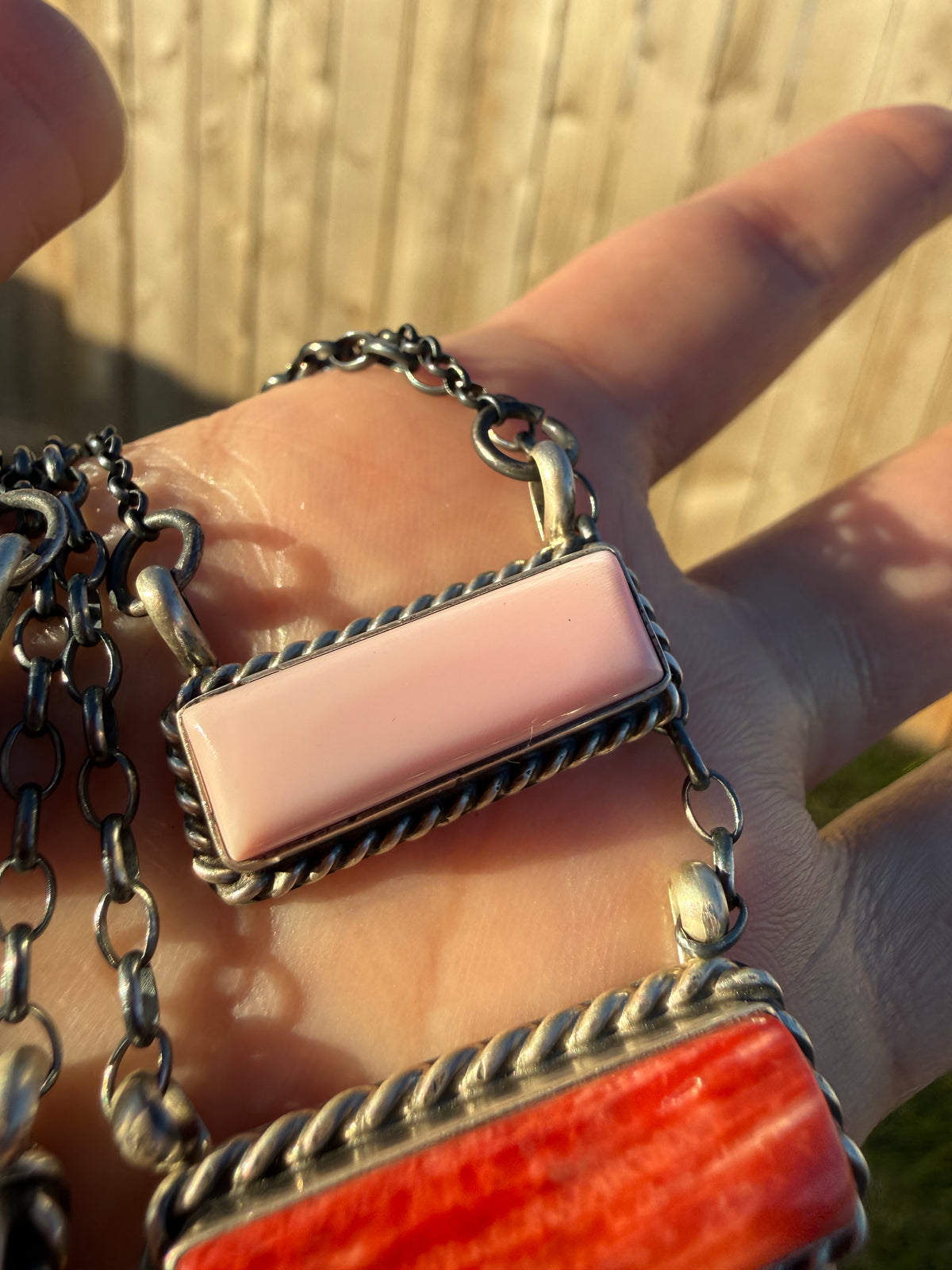 Navajo Classic Bar Pink Conch or Red Spiny Sterling Silver Necklace