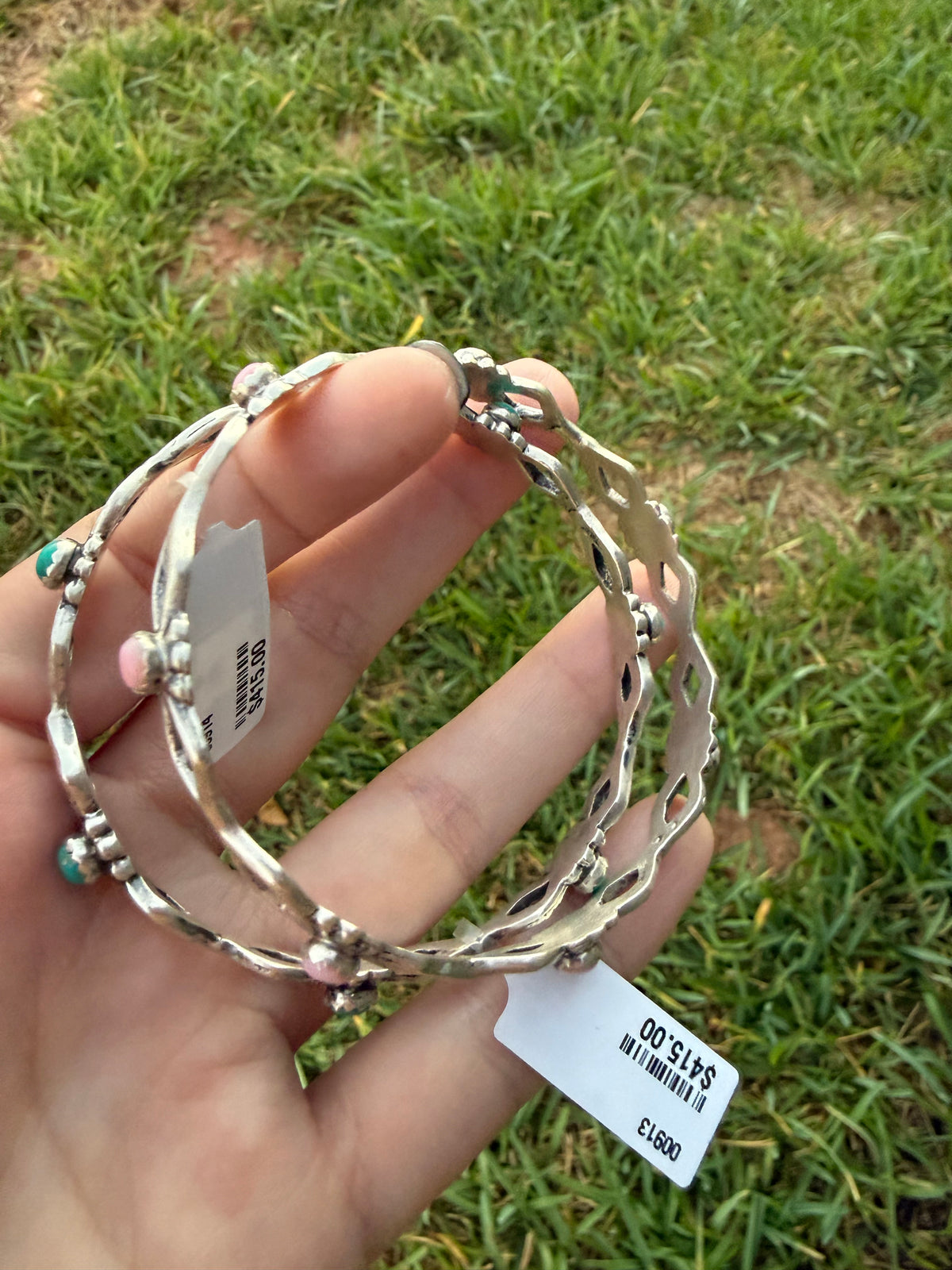 Navajo Turquoise or Pink Conch Sterling Silver Bangle Bracelet by Russel Sam