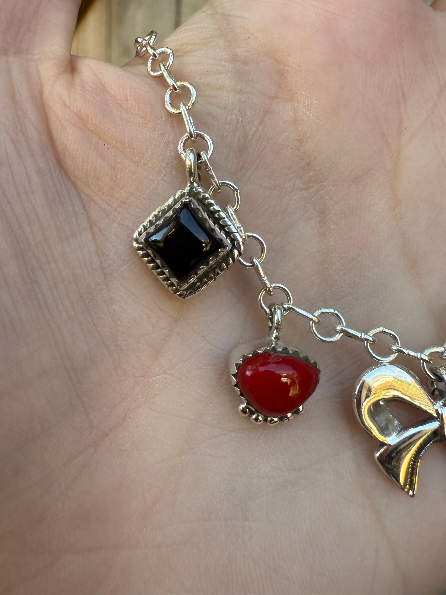 Red Rosarita and Black Onyx Bow Sterling Silver Charm Necklace