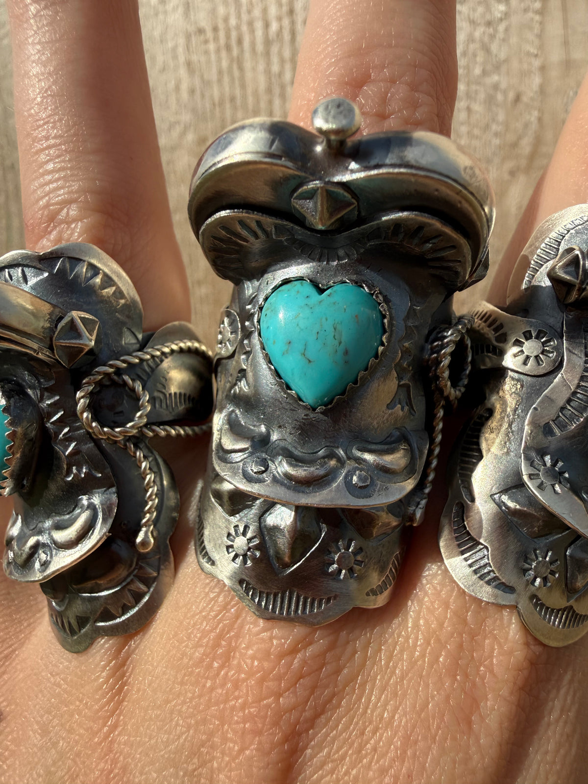 Navajo Turquoise Heart Saddle Sterling Silver Adjustable Ring by Tim Yazzie