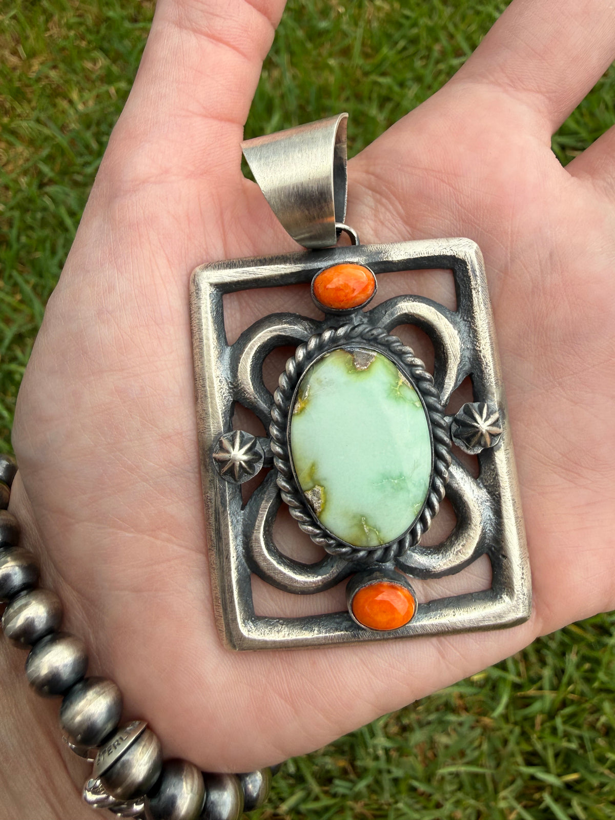 Navajo Palomino and Orange Spiny Statement Square Sterling Silver Pendant