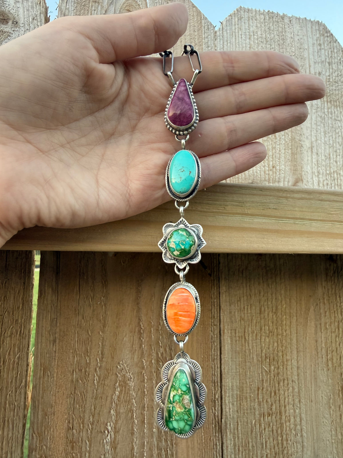 Navajo Multi Stone Sterling Silver Lariat Necklace