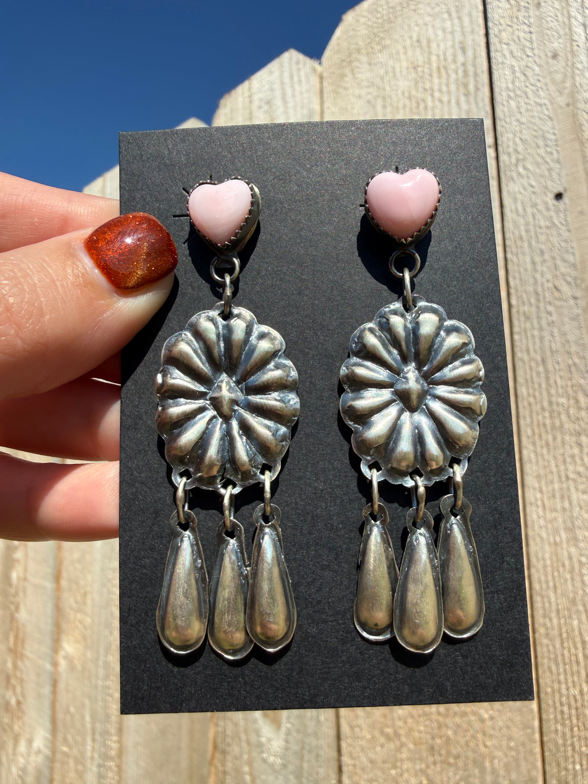 Navajo Heart Pink Conch Sterling Silver Concho Triple Dangle Earrings