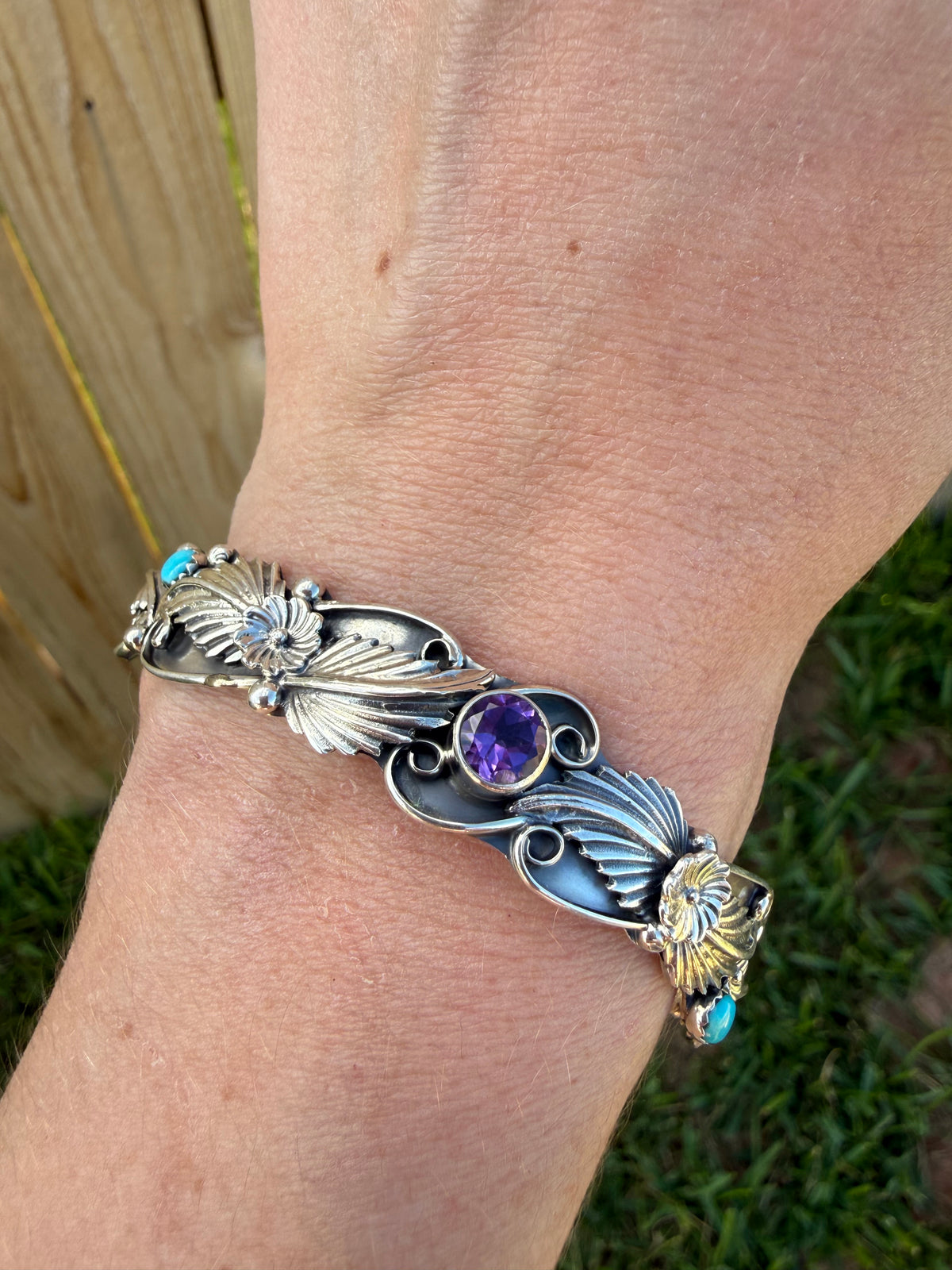 Navajo Amethyst and Turquoise Flower and Detailed Accent Sterling Silver Bangle Cuff Bracelet