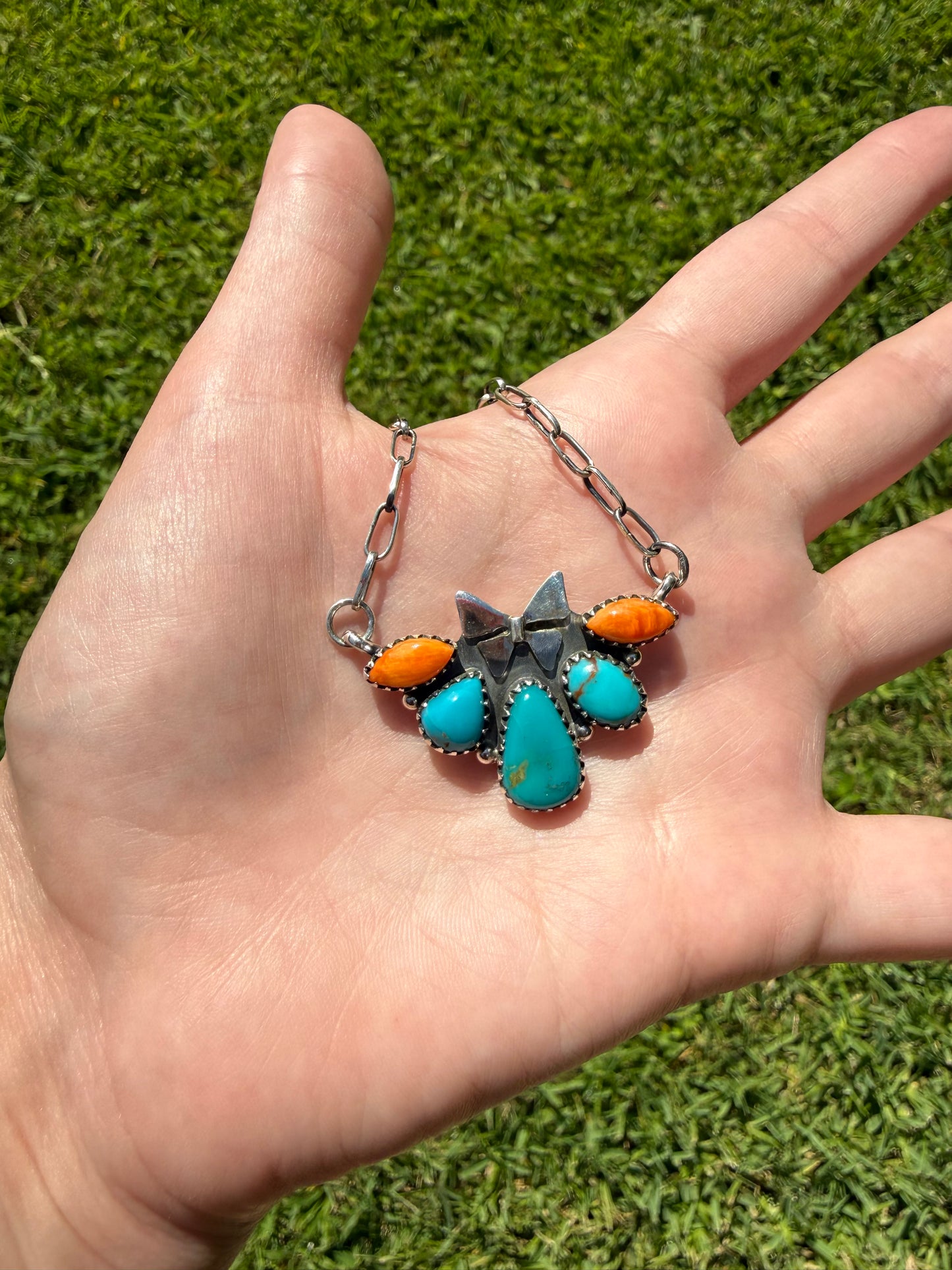 Turquoise and Orange Spiny Butterfly Half Flower Sterling Silver Necklace