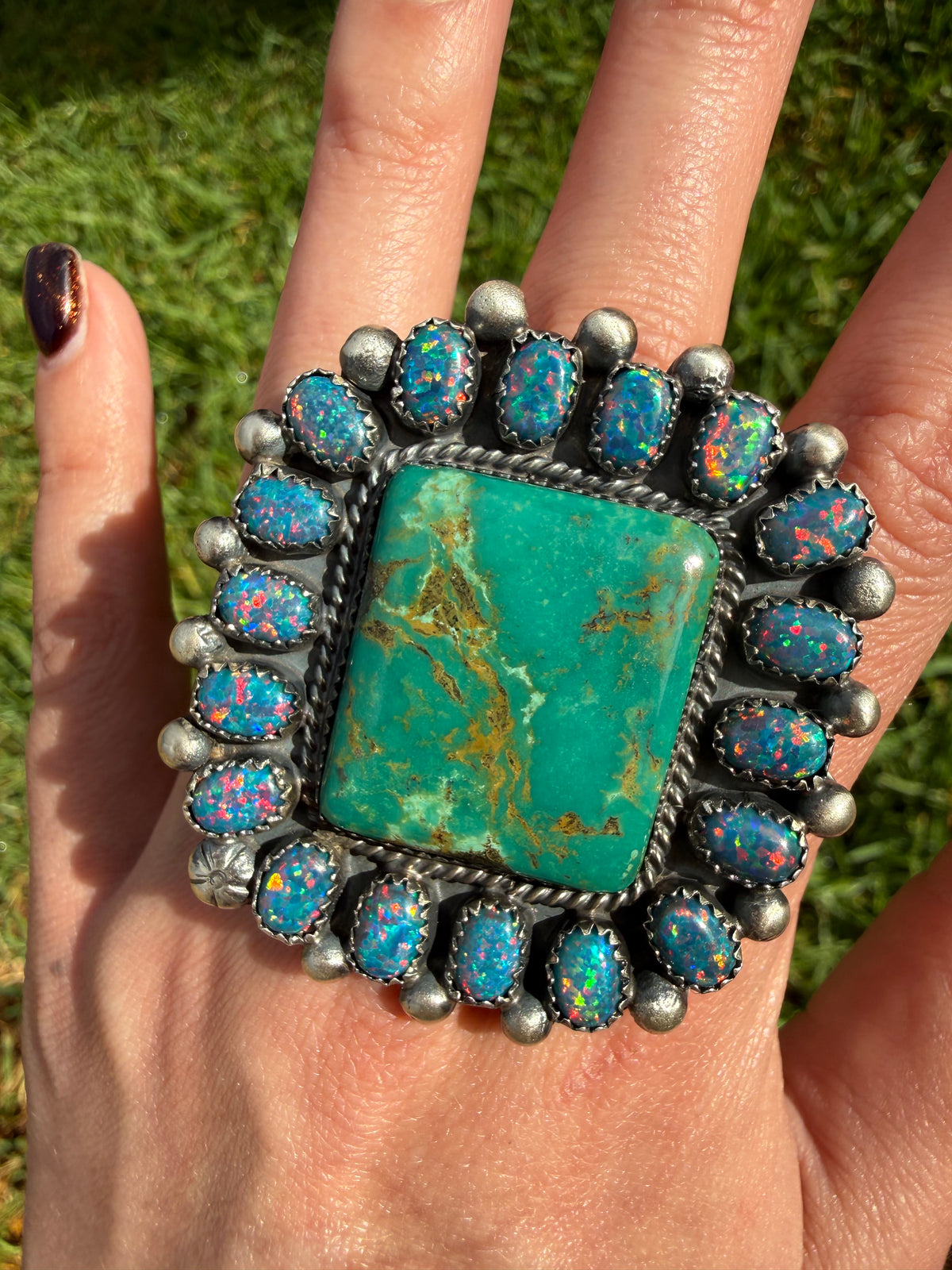 Navajo Turquoise and Balloon Opal Big Mama Square Sterling Silver Adjustable Statement Ring