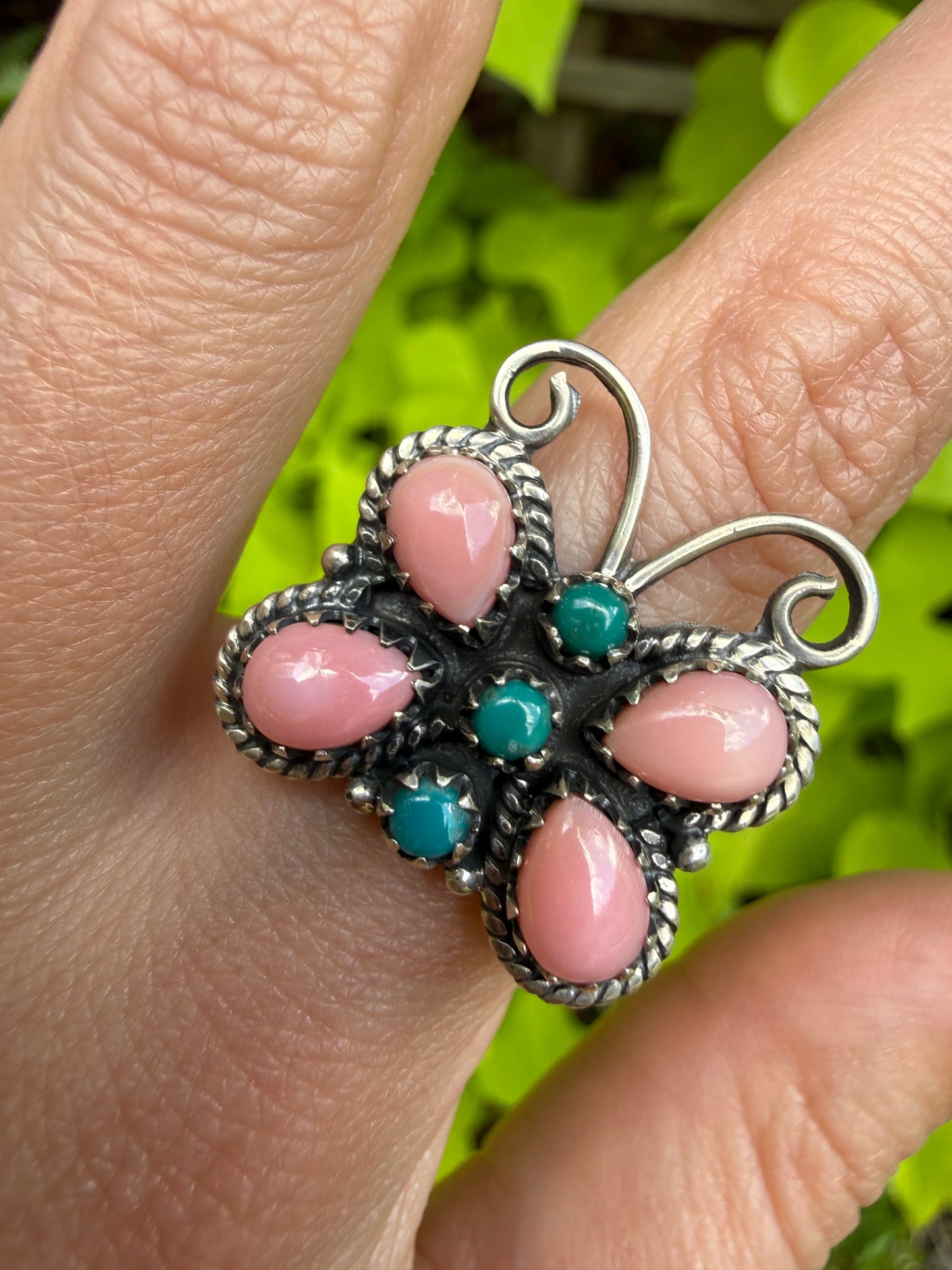 Pink Conch And Turquoise Butterfly Sterling Silver Ring
