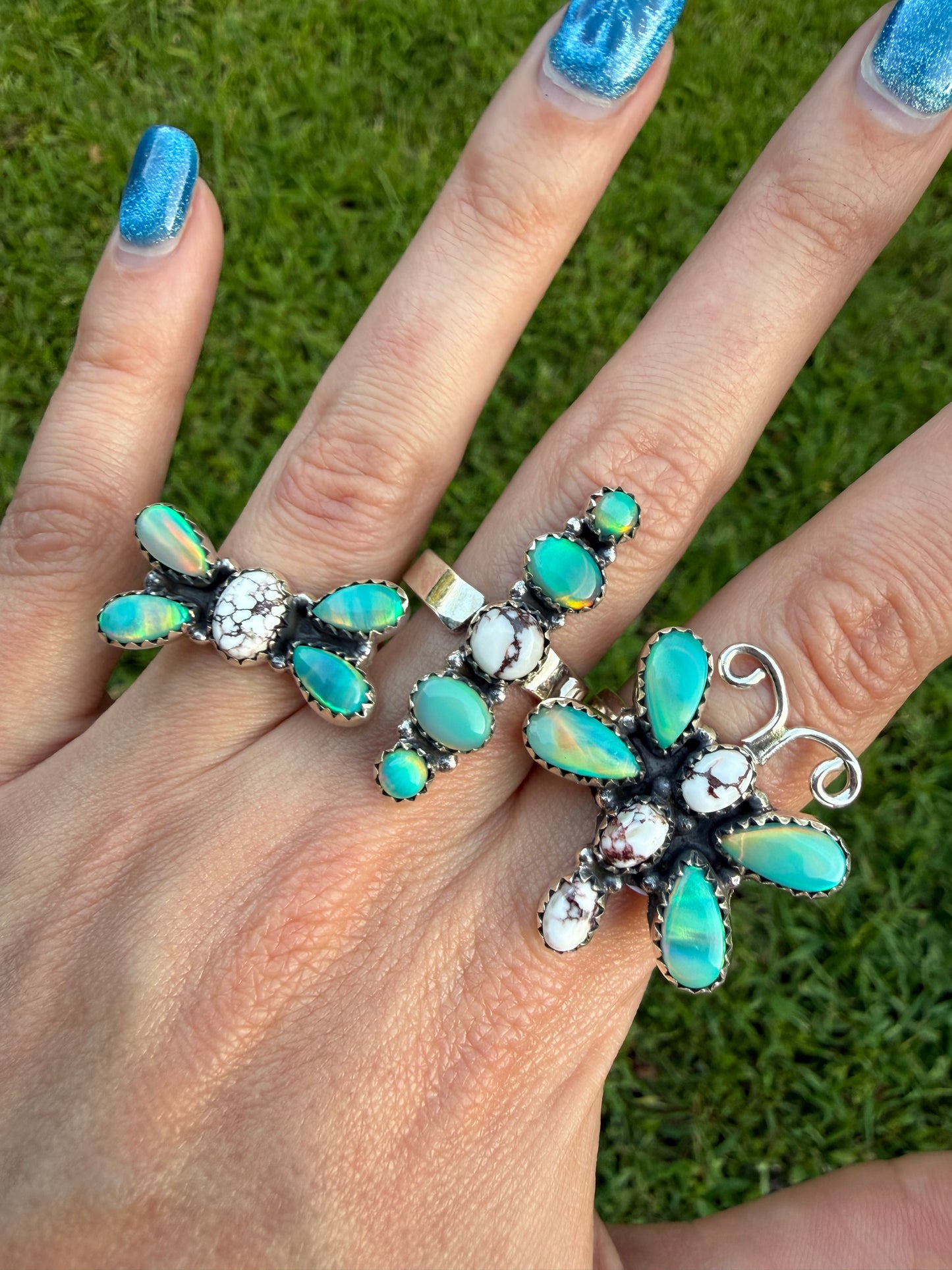 Wild Horse and Green Balloon Opal Sterling Silver Adjustable Rings