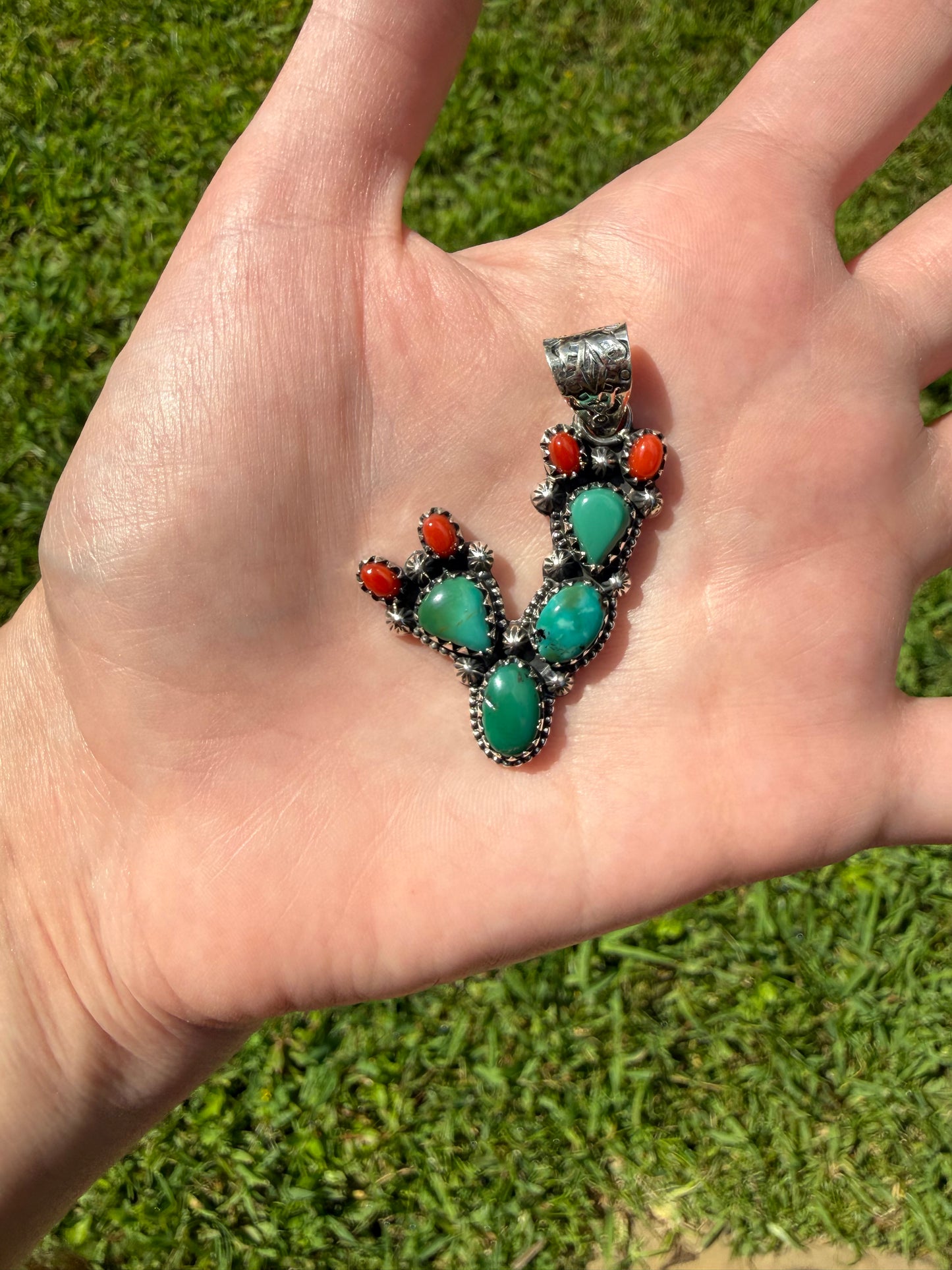 Kingman Turquoise and Coral Cactus Pendant