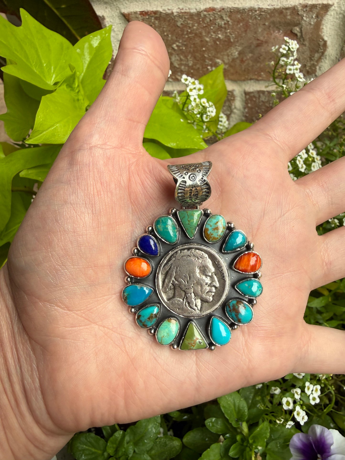 Multi Stone Full Flower Liberty Coin Sterling Silver Pendant